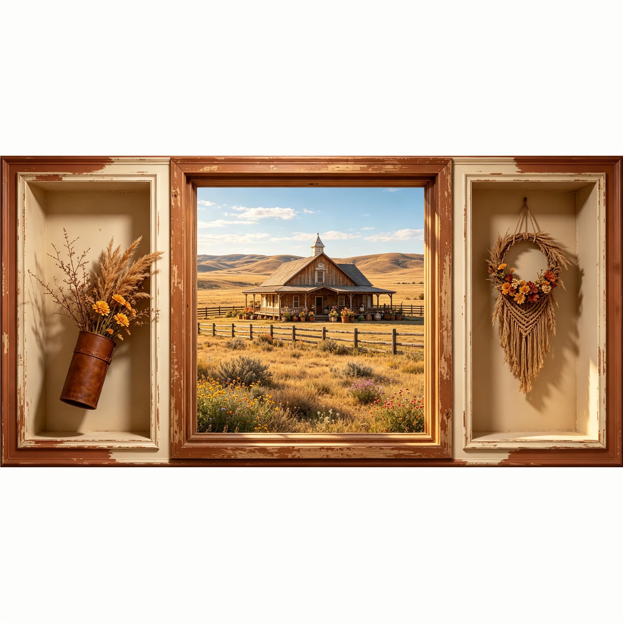 QZLITHOTIC 50x100cm 3D Framed Wall Art， Farmhouse American Country Landscape Mural， WaterActivated Peel & Stick Fabric Decor Wall Decal for Bedroom Living Room