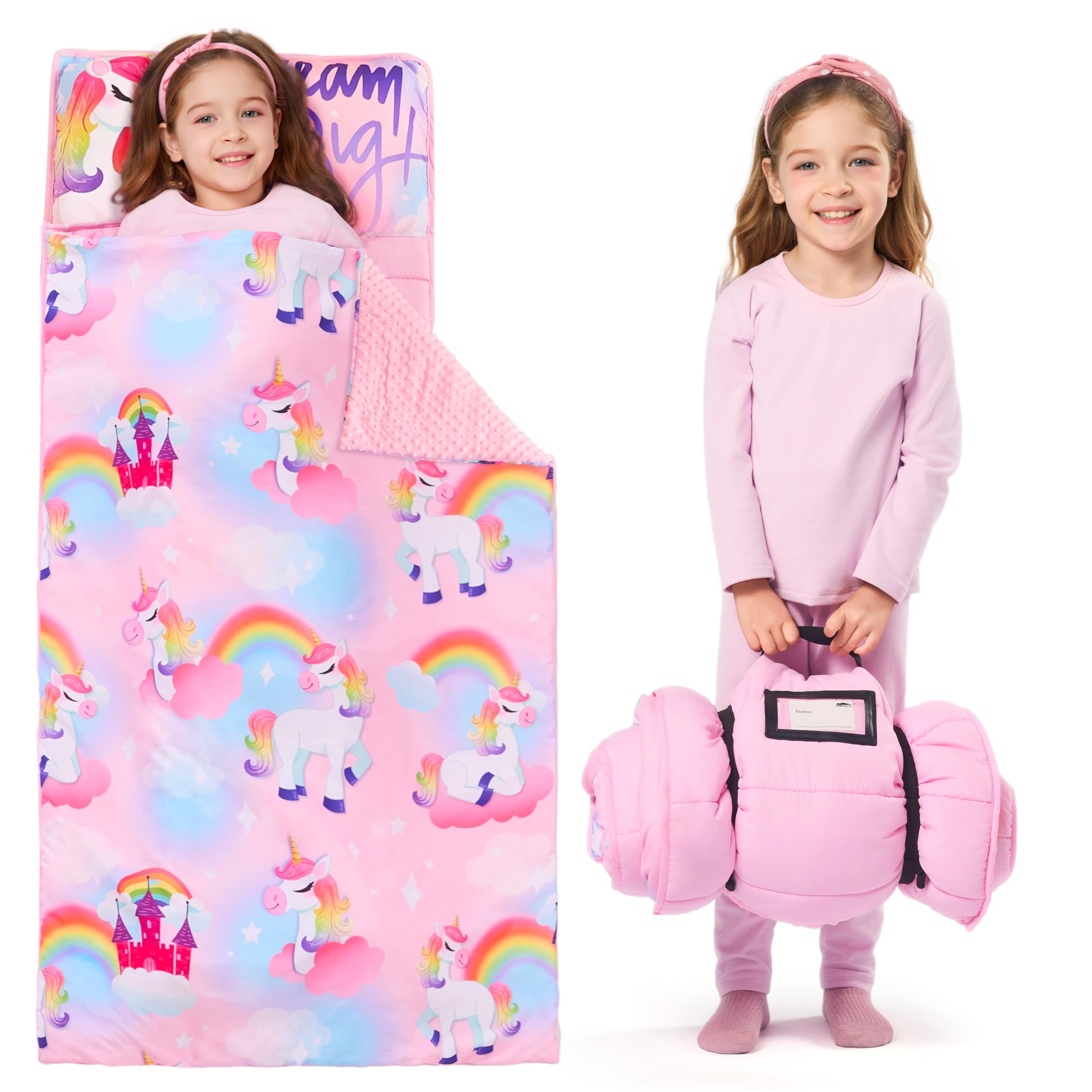 JOIEDOMI Toddler Sleeping Bag for Kids 55''x30'' Nap Mat with Removable Pillow and Minky Blanket for Toddler Ages 3-7 Roll Up Soft Kids Sleeping Bag for Boys Girls Kindergarten Daycare SleepoverOEKO-TEX STANDARD 100