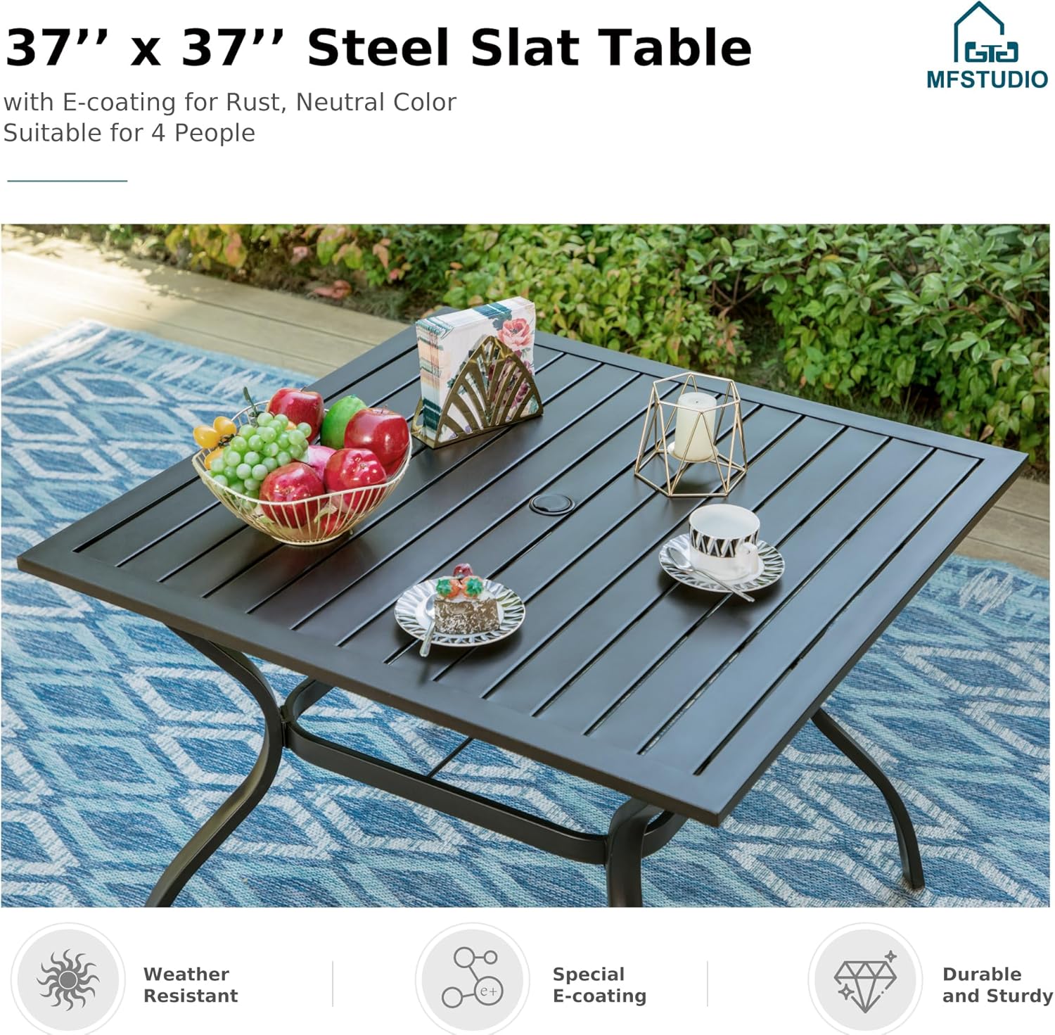 MFSTUDIO 6 Pieces Patio Outdoor Furniture with Umbrella, Outdoor 37'' Square Table with Chairs & 10ft Umbrella, Outdoor Dining Set for 4, Metal Dining Furniture with Umbrella for Deck, Porch