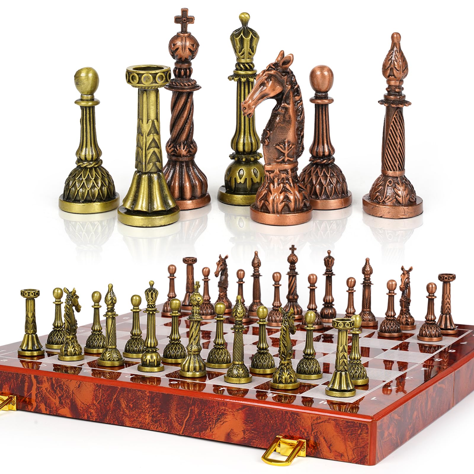 Photo 1 of Vintage Metal Chess Set for Adults & Kids – Folding Marbling Chess Board with Storage – Elegant Travel Chess Set with Weighted Metal Pieces – Classic Board Game Gift & Home Décor