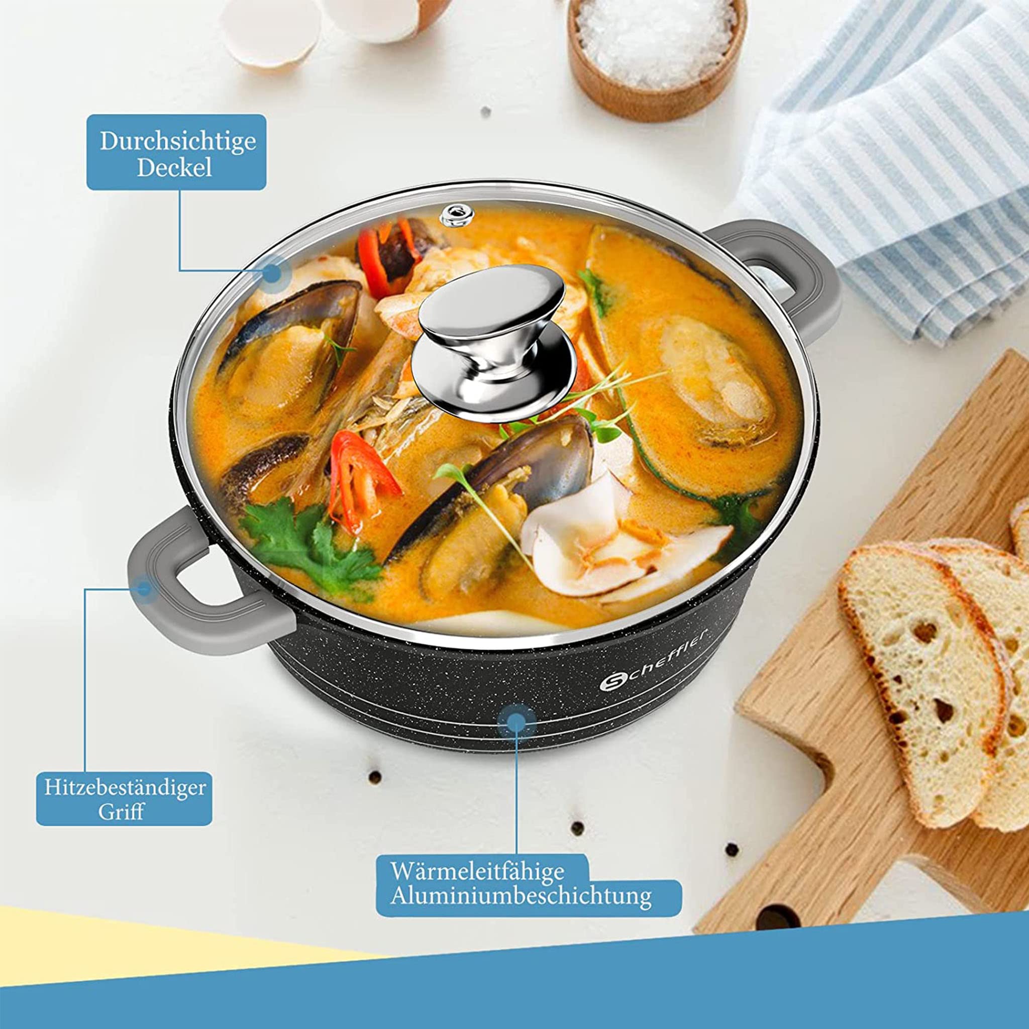 Topfset Scheffler 6tlg Kochtopf Set Induktions mit Glasdeckel | 20cm,2.2L&24cm,4L&28cm,6L Aluminiumguss, Antihaftbeschichtung, für alle Herdarten, Spülmaschinengeeignet