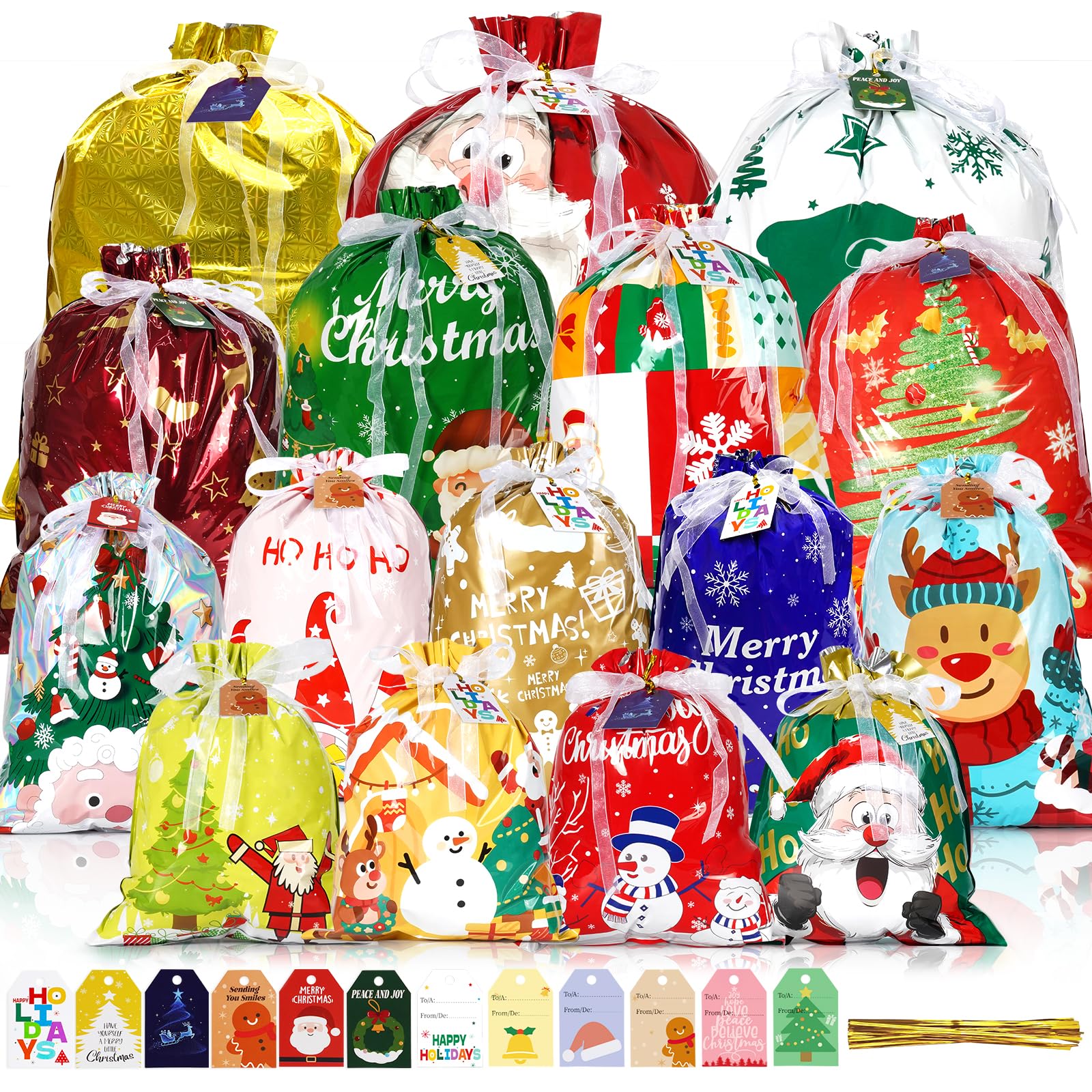 Ordfingo Christmas Bags for Gifts, 38 PCS Christmas Drawstring Gift Bags