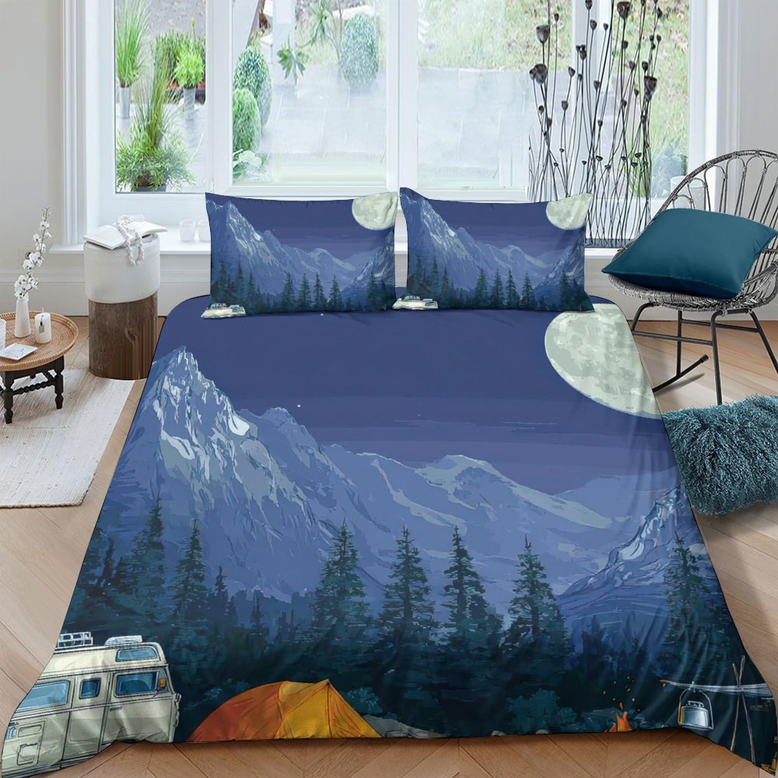 Ctjqhvkz Style-3 3D Printed Moon Mountain Night Fitted Sheet Microfiber Forest Landscape Bed Cover For Bedroom Guest Room Decor Single（135X200cm）