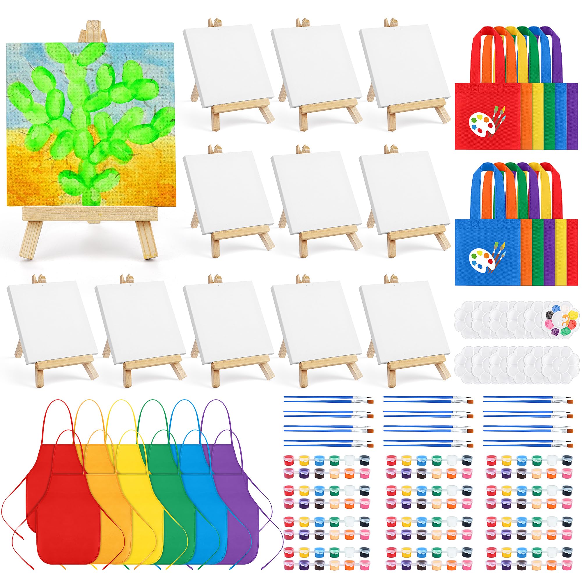 Aneco 12 Packs 4 x 4 Inch Mini Canvases for Painting with Easels Aprons Canvas Tote Bags Brushes Palettes Small Art Stretched Canvas Painting Supplies Kit for Party