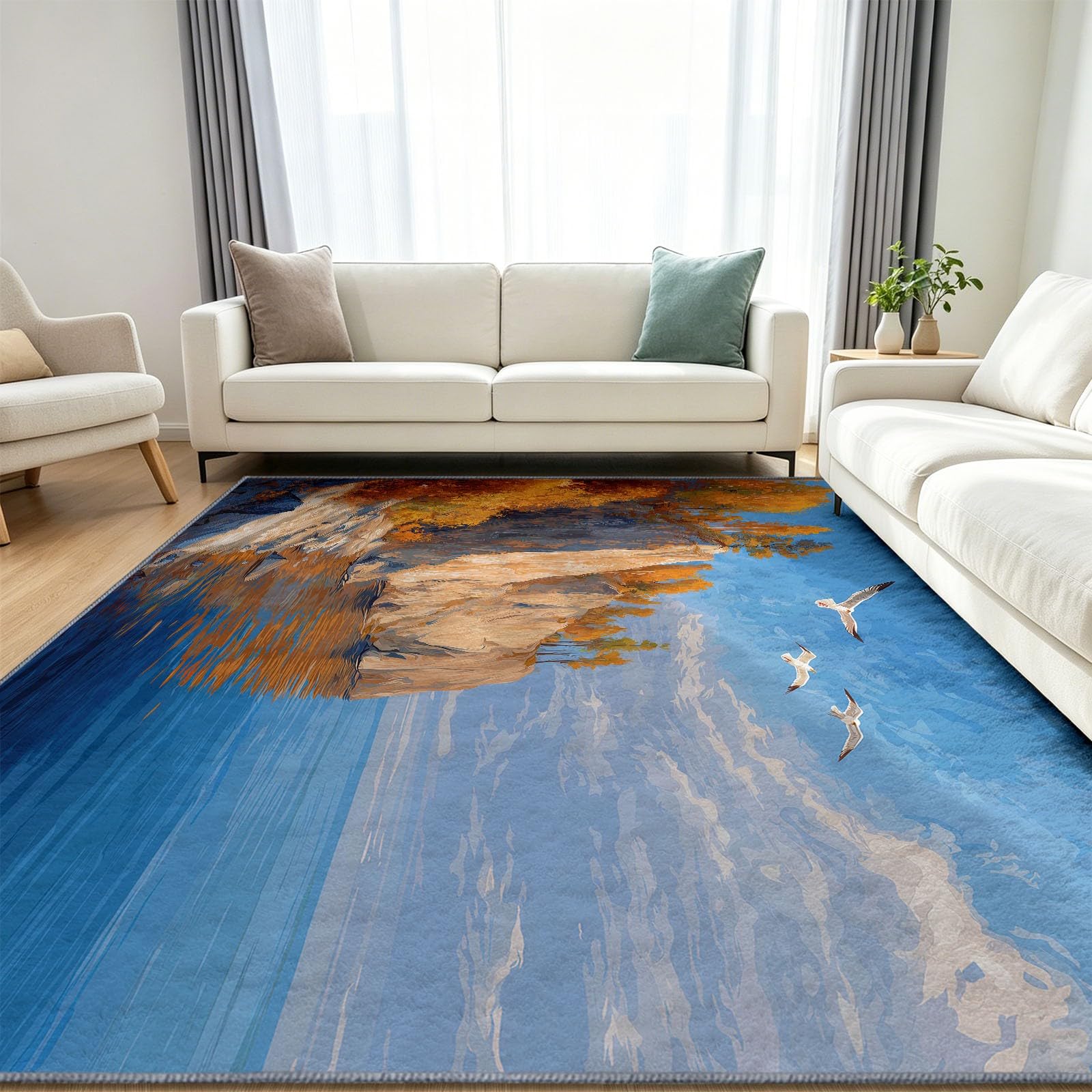 Tappeto lavabile per soggiorno con paesaggio naturale, 240 x 300 cm, grande tappeto per interni a pelo basso scogliera con foglie autunnali, antiscivolo, super morbido, per camera da letto, sala da