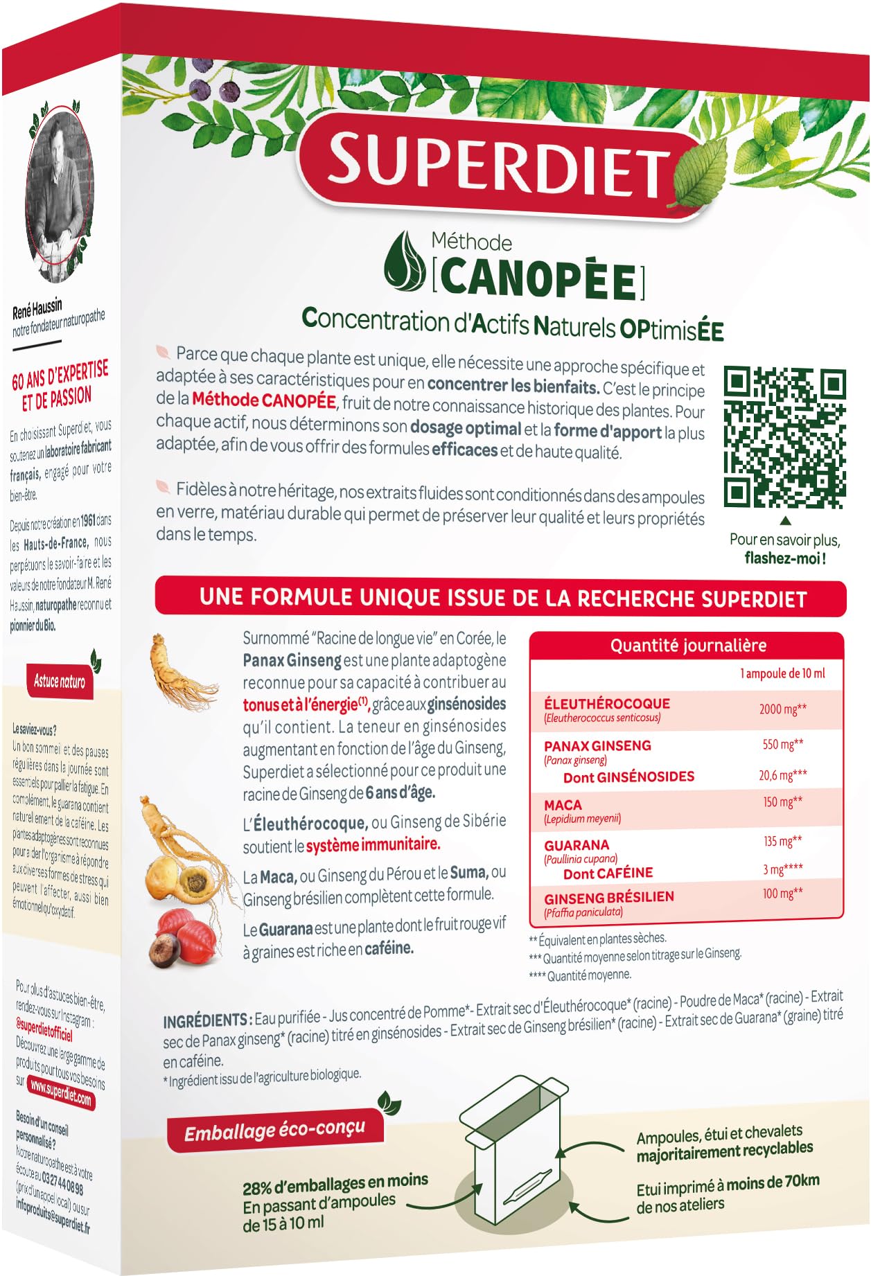 SUPERDIET - 4 GINSENGS ET GUARANA - Boosters toniques, Défenses immunitaires, Formule à bases de 4 ginsengs-20 ampoules de 10 ml