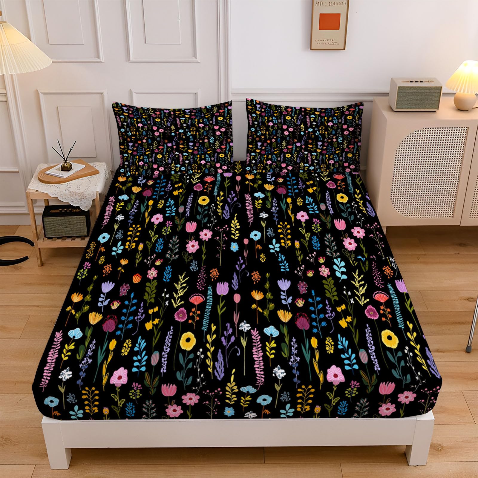 Sábanas 200X190/200Cm - Juego De Sábanas 3 Piezas Estampadas Dibujos Florales - Microfibra Suave Transpirable - Sábana Bajera Ajustable - Ropa De Cama Lindo Grafiti (Tinta Negra)