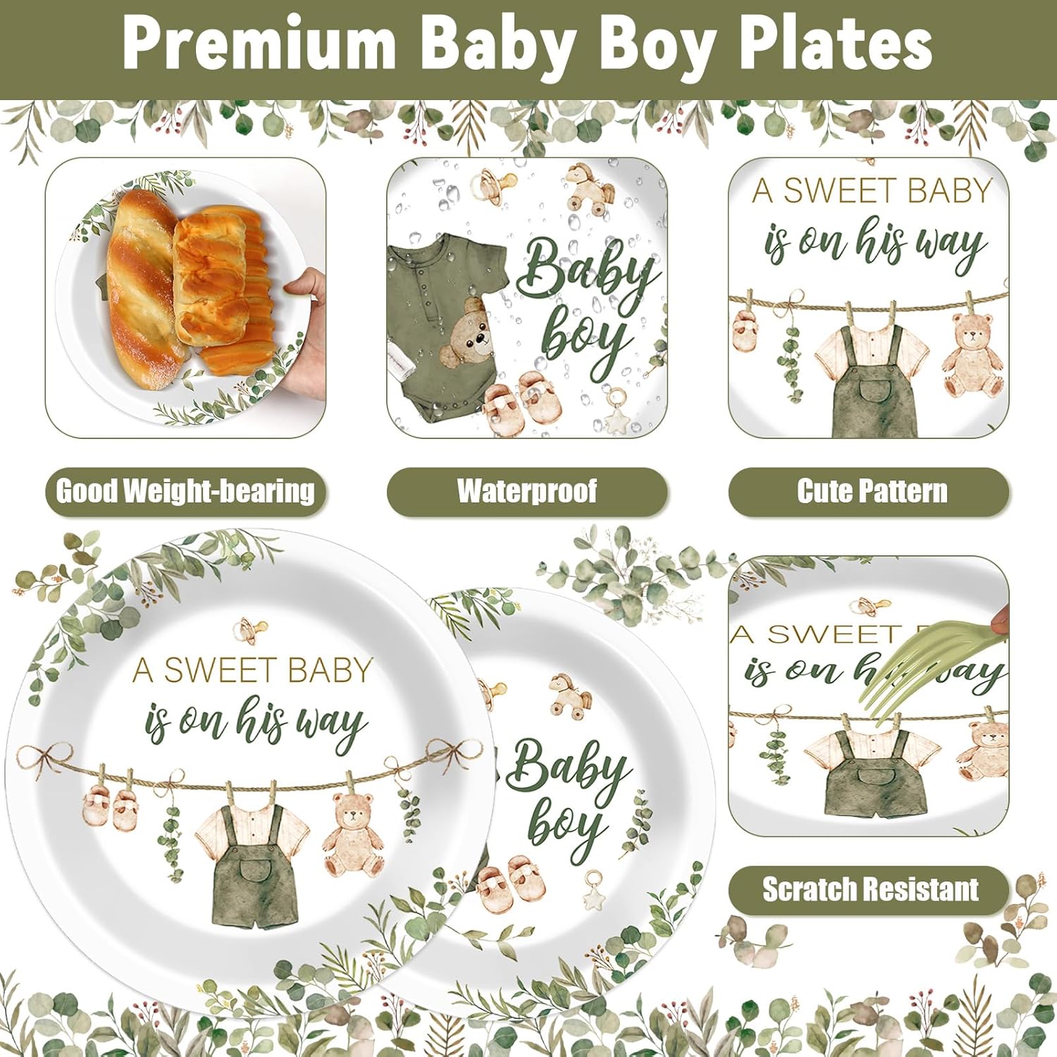 200Pcs Greenery Baby Shower Plates and Napkins Decoration Sage Green Party Tableware Dinnerware Set A Sweet Baby Is On His Way Paper Plates for Baby Gender Reveal Party Supplies Serves 50