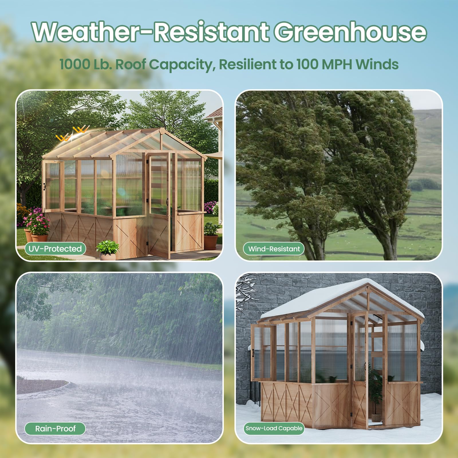 Invernadero de madera de 8 x 9.2 x 8.2 pies, casa verde con estantes y ganchos para plantas, diseño de techo inclinado, barra de metal única, ventanas de panel de policarbonato de 6 mm resistentes a