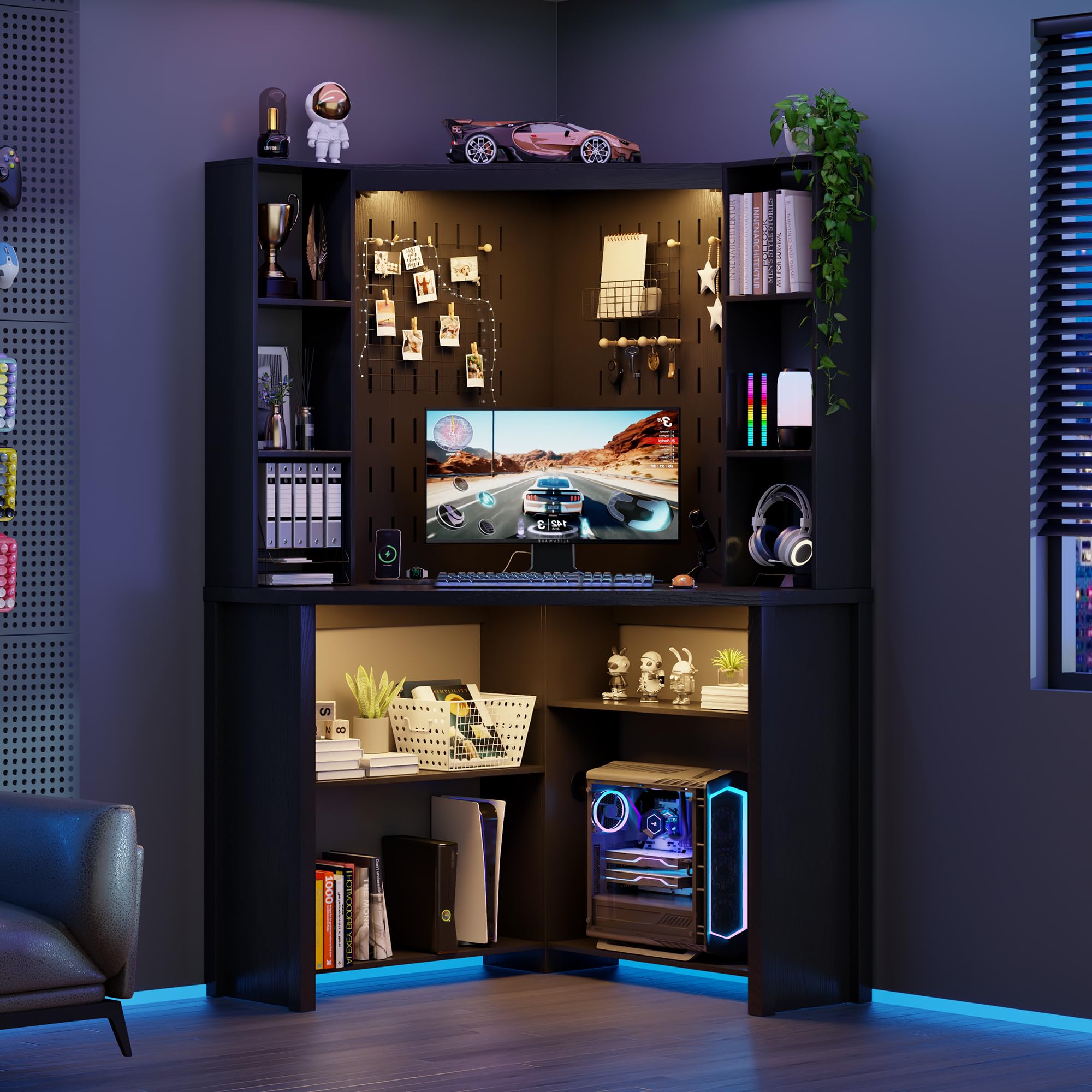 Lvifur Corner Computer Desk with LED Lights, L Shaped Study Desk with Hutch & Shelves, Triangle Home Office Desk with Charging Station for Work &