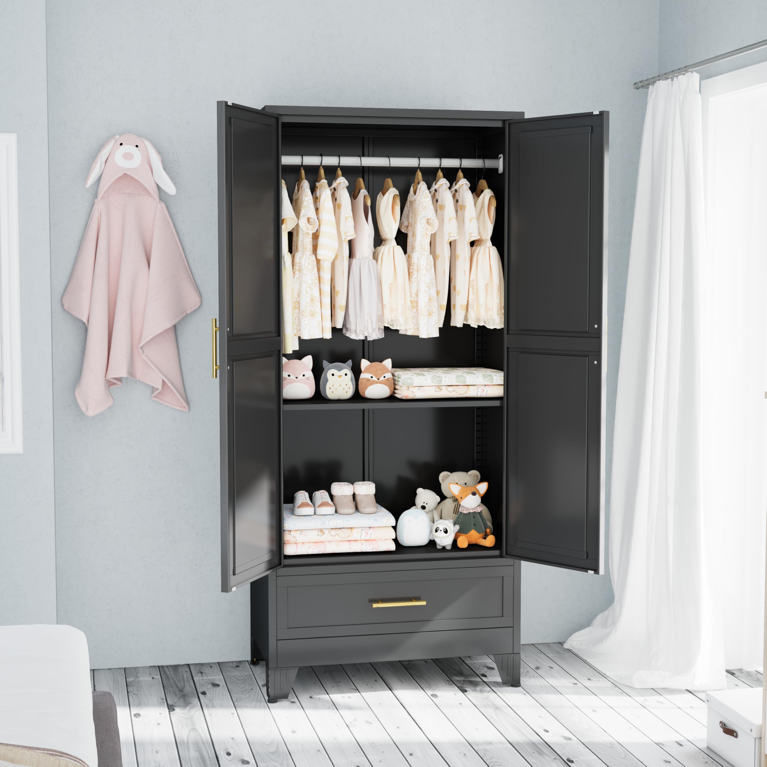 PAOFIN 71" Metal Armoire Wardrobe Closet Storage Cabinet with Hanging Rod,Metal Clothing Cabinet with 1 Drawer and Adjustable Shelf for Bedroom,