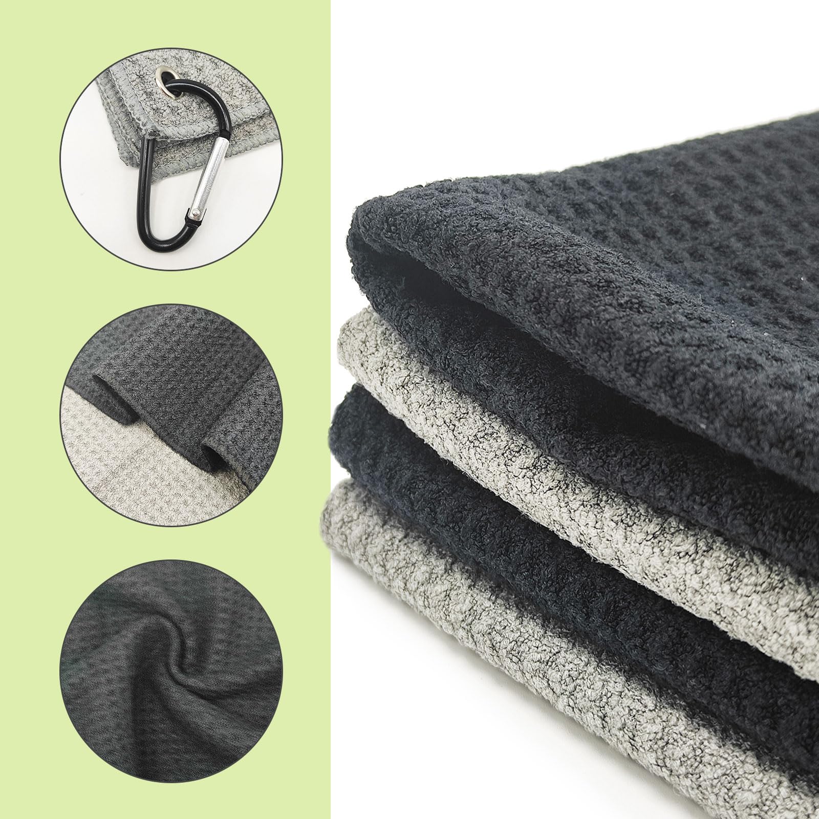 TSHAOUN 4 Pezzi Asciugamano da Golf in Microfibra, Asciugamano per Pulizia del Golf con Clip, Asciugamano Sportivo Pieghevole per Campo da Golf, Palestra, Campeggio, 30 * 30cm (Nero,Grigio)