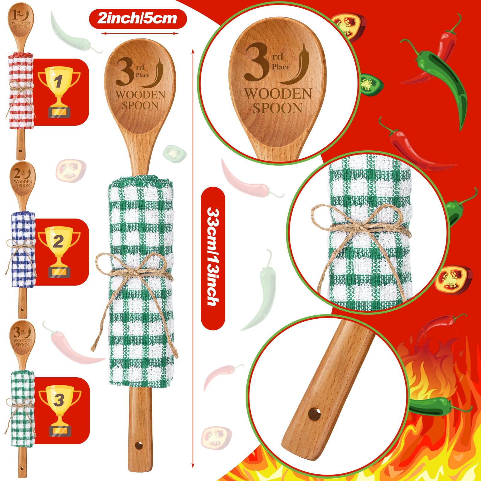 Quelay 9-teiliges Chili-Kochtrophäen-Set, Metallmedaillen, Holzlöffel zum Kochen, Baumwolltücher, Chili-Kochen, Dekorationen, Kochen, Geschenke für Männer, Frauen, Festivalbedarf