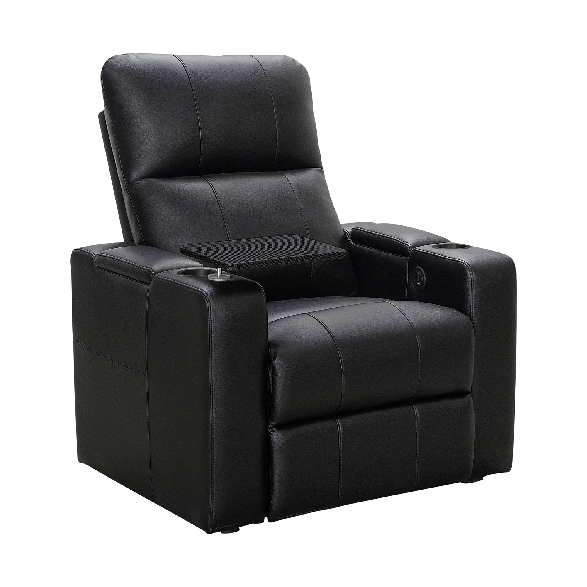 Abbyson LivingRider Powered Reclining Theater Chair Built in USB/Power  Outlet, Cup Holders, Tray/Side Table, Faux Leather Home Theater Chair, Black