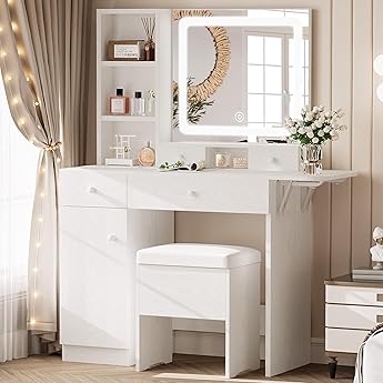 DWVO 45" W Vanity Desk w/Wireless Charging Station & Power Outlet, Vanity Mirror w/Lights Table Set with 4 Drawers, Vanity Set 3 Lighting Modes Brightness Adjustable for Bedroom Studio