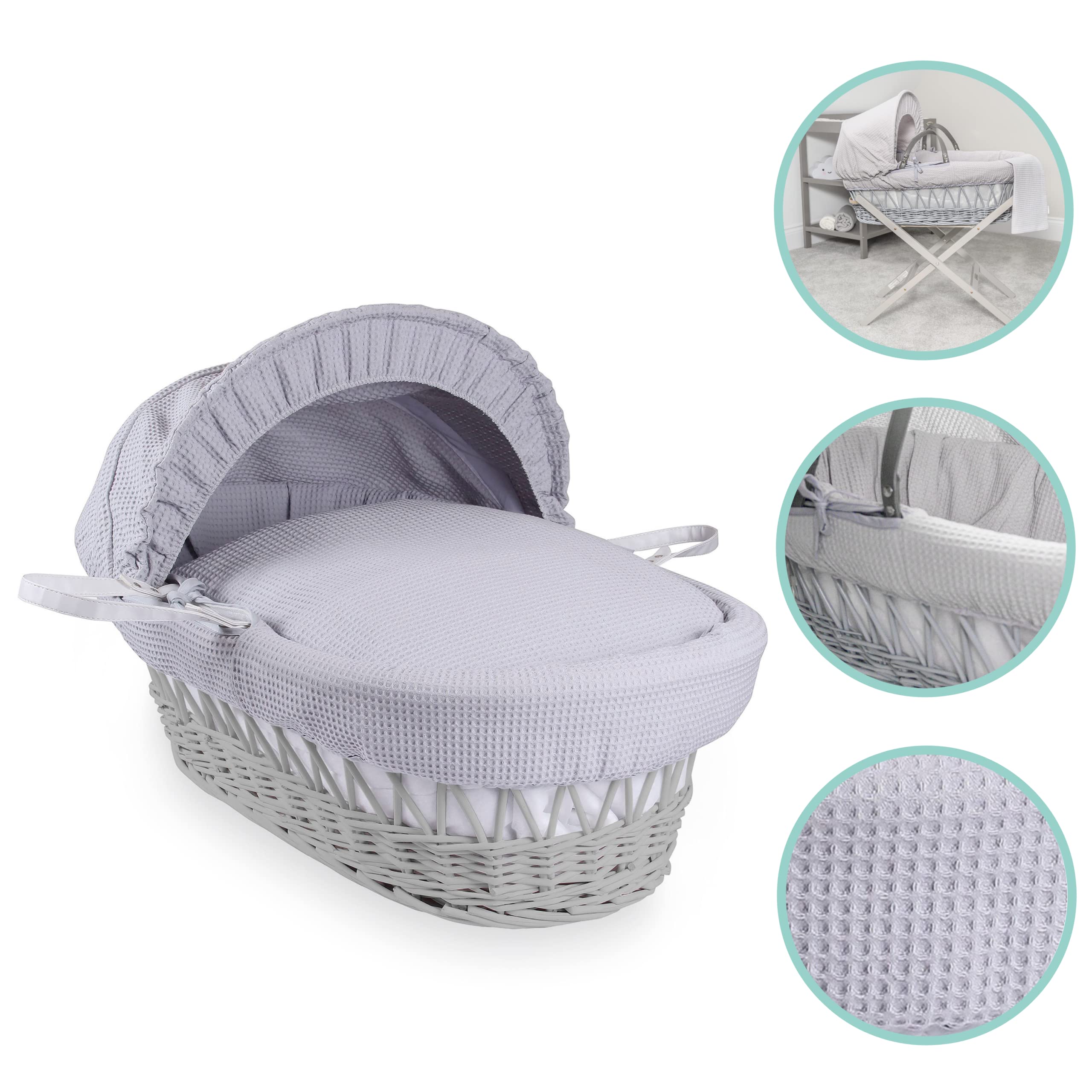 Clair de Lune Culla in vimini grigio a nido d'ape con supporto a dondolo grigio deluxe, 68 x 30 cm, grigio