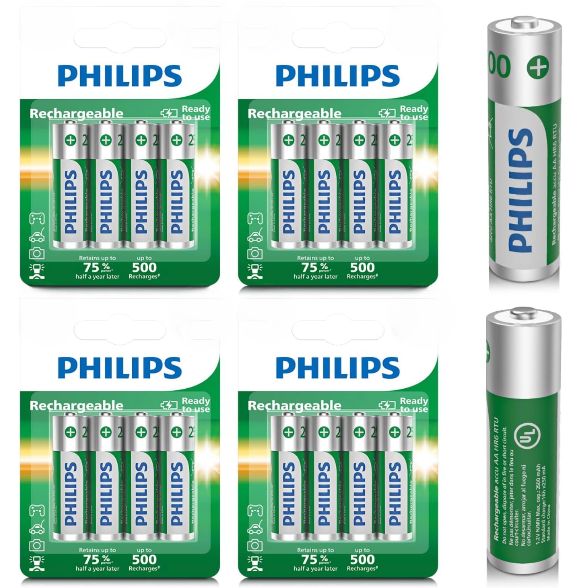 PHILIPS Rechargeable AA Batteries 16 Pack 2500mAh NiMH Double A Battery 1 2V Long Lasting 2A Batteries Recharge