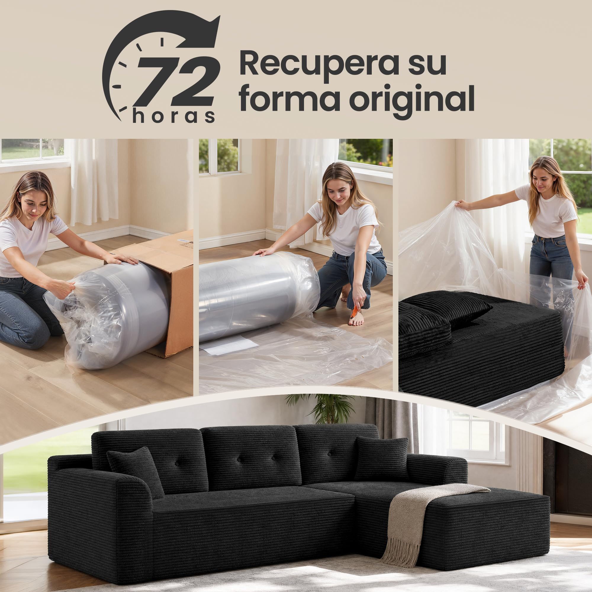 VASAGLE Sofá Esquinero, Sofá Modular de 244 cm, Entrega Compacta, Sin Montaje, con Gran Chaise Longue a la Derecha, para Salón o Habitación de Invitados, Negro, LCS184B101