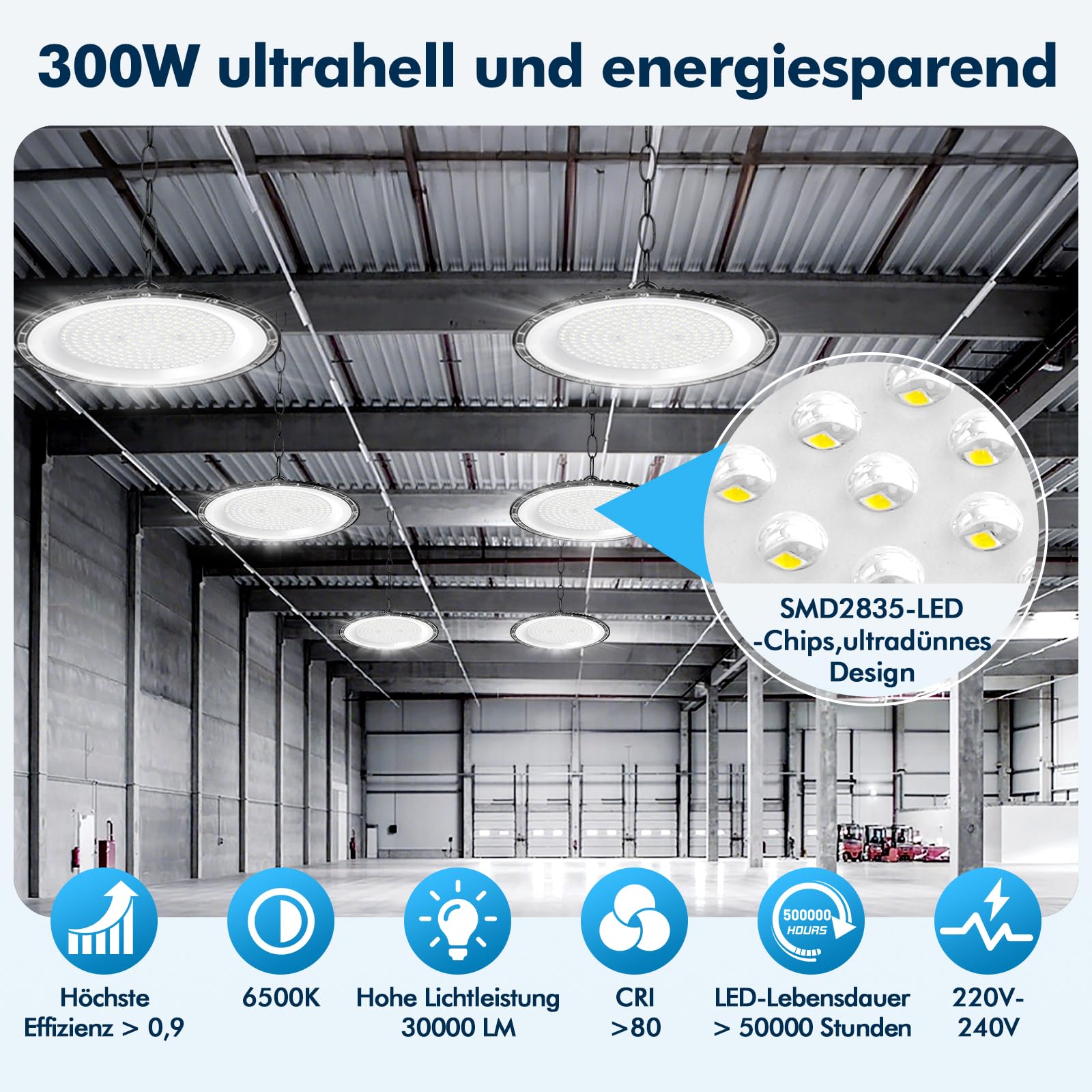 4Pack 300W UFO LED Lámpara de Alta Bahía, 30000LM Focos Interior Techo,6500K Ultrafina Iluminación de Almacén,IP66 Impermeable Naves Industriales Para Patio,Garaje,Fábrica,Taller