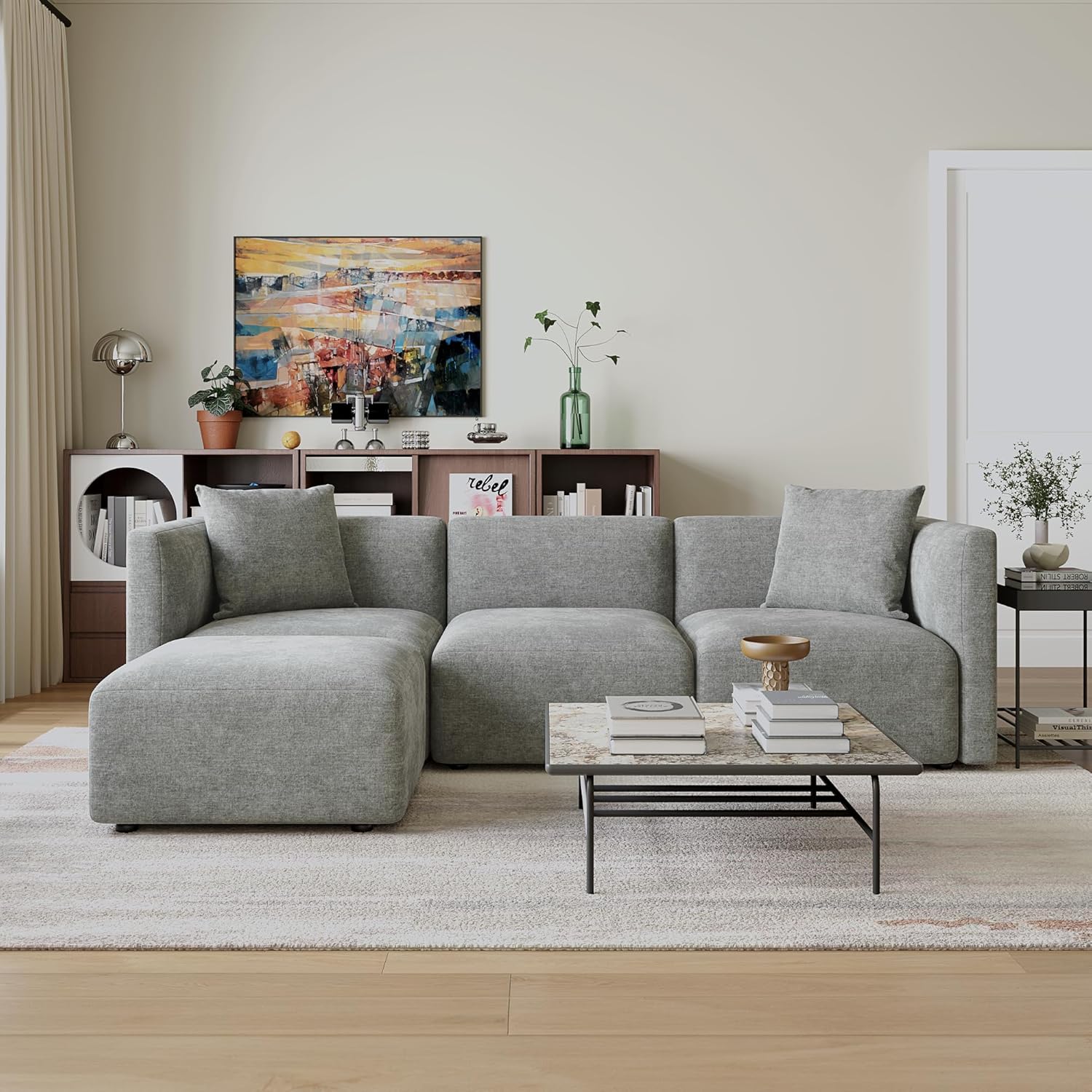 Acanva Luxury L-Shaped Upholstery Convertible Modular Sectional Sofa, Contemporary Reversible Couch with Chaise Lounge for Living Room, Apartment, Linen-Like Grey