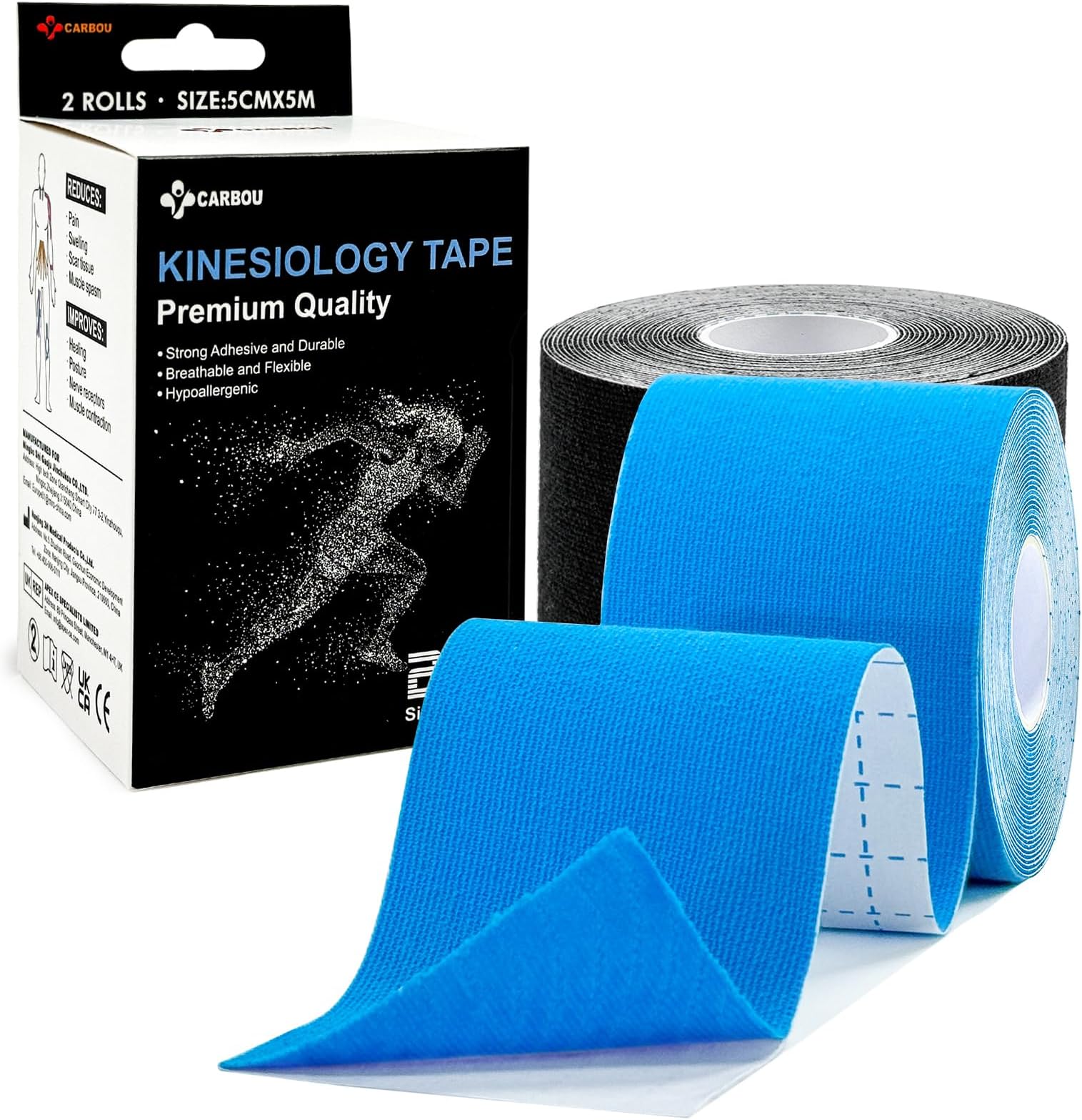 Kinesiology Tape 5cmx5m-2 Rolls Water Resistant Strips,Elastic Cotton Athletic Tape for Muscle Strain Relief & Joint Support Blue and Black