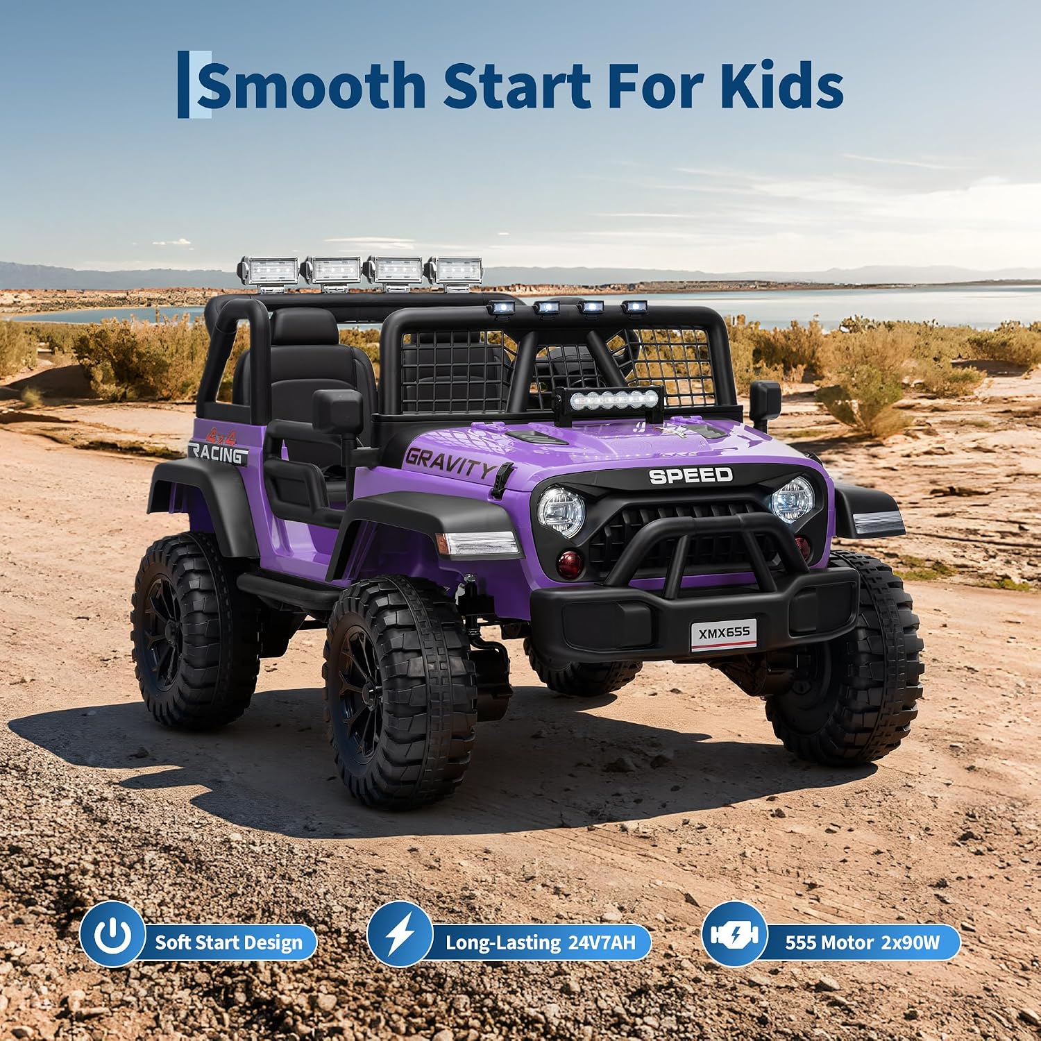 Garvee 24V 2-Seater Kids Electric Truck with Parent Remote Control, 100Min Ride-on Car, 4WD Dual Motor, 2 Speeds, Spring Shock Absorber, LED Headlights, Siblings Gift Kids Electric Vehicle, Purple