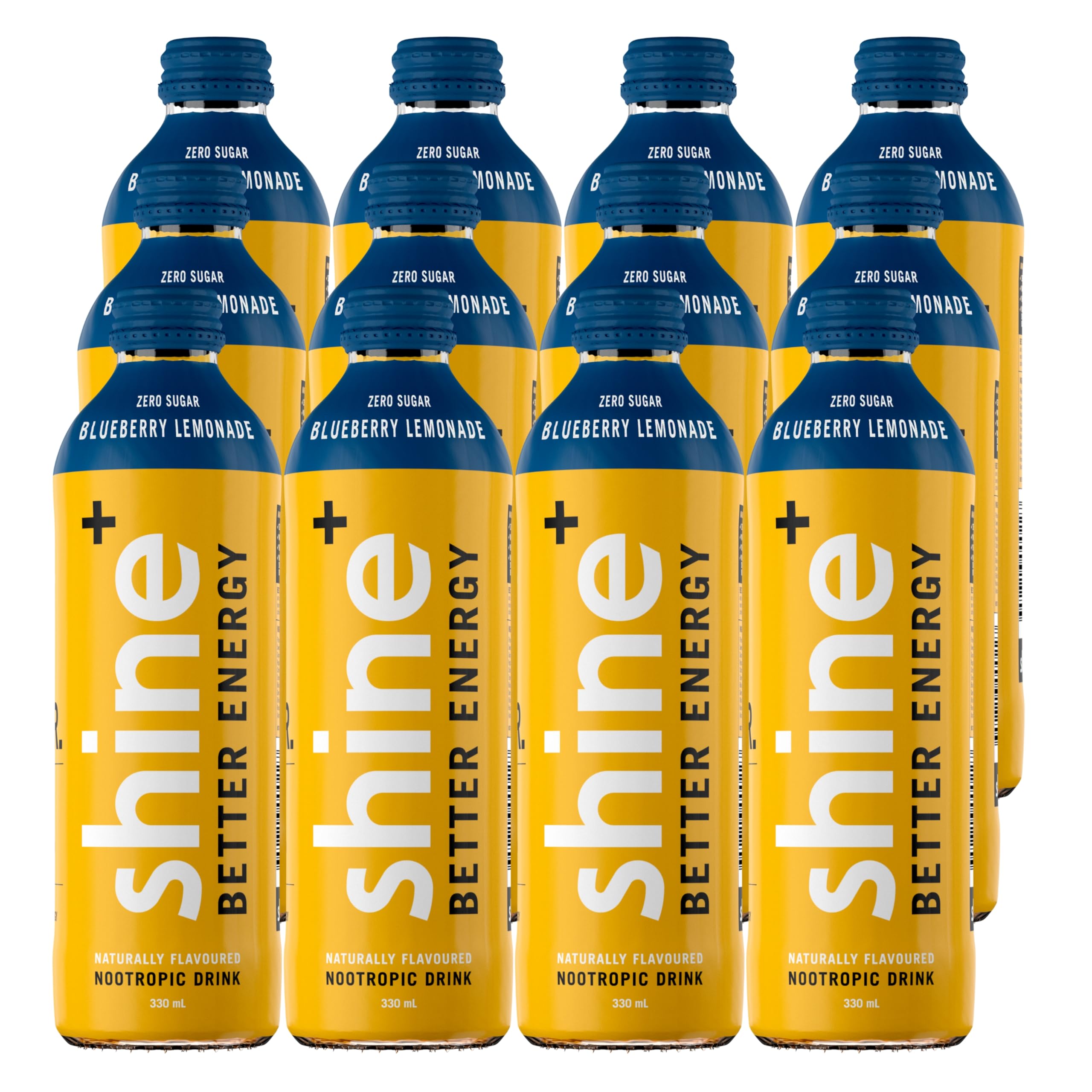 Shine Healthy Energy Drink Blueberry Lemonade - Sugar Free Mental Focus Nootropic, Natural Caffeine & B Vitamins 12 x 330ml Bottles