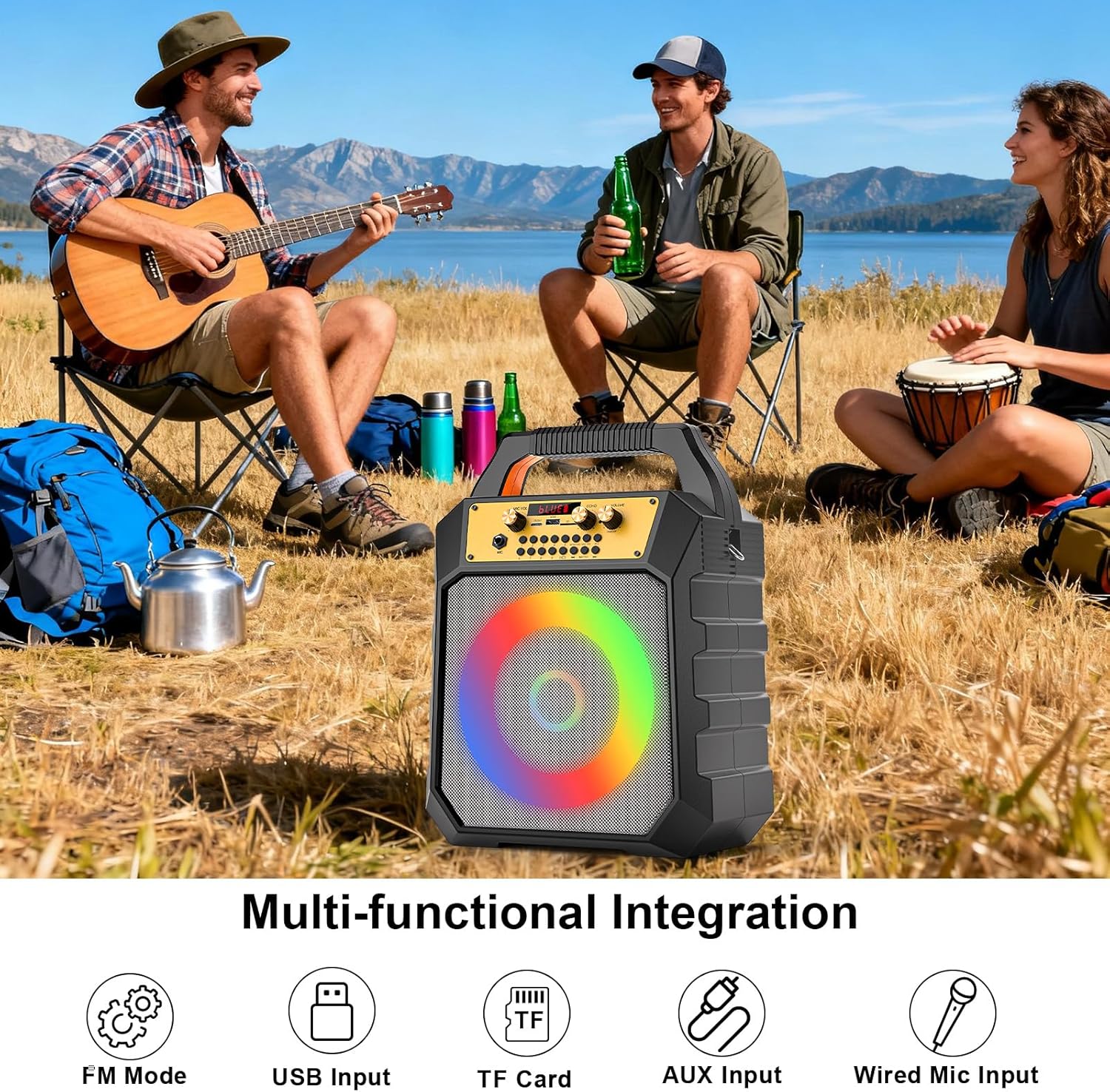 Portable Karaoke Machine for Adults Coaxial Speaker with 2 Wireless Microphones,Bluetooth PA System with 5 Dynamic LED Lights Mode,Supports TF/SD/USB,AUX,FM,REC for Home Party (171-gray) - Image 2