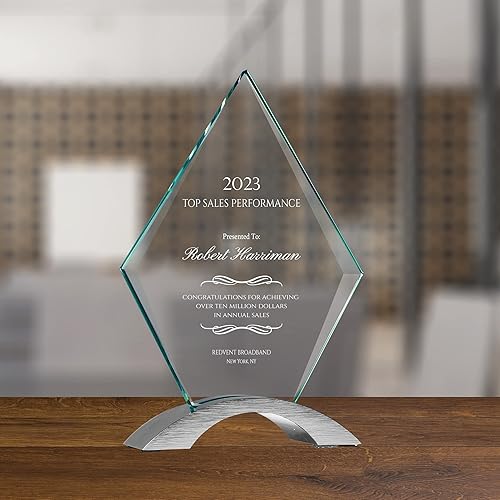 Vista 2 de Vidrio cósmico personalizado de 7 1/4 pulgadas con premio base plateada, placa de vidrio grabada inversa personalizada para apreciación