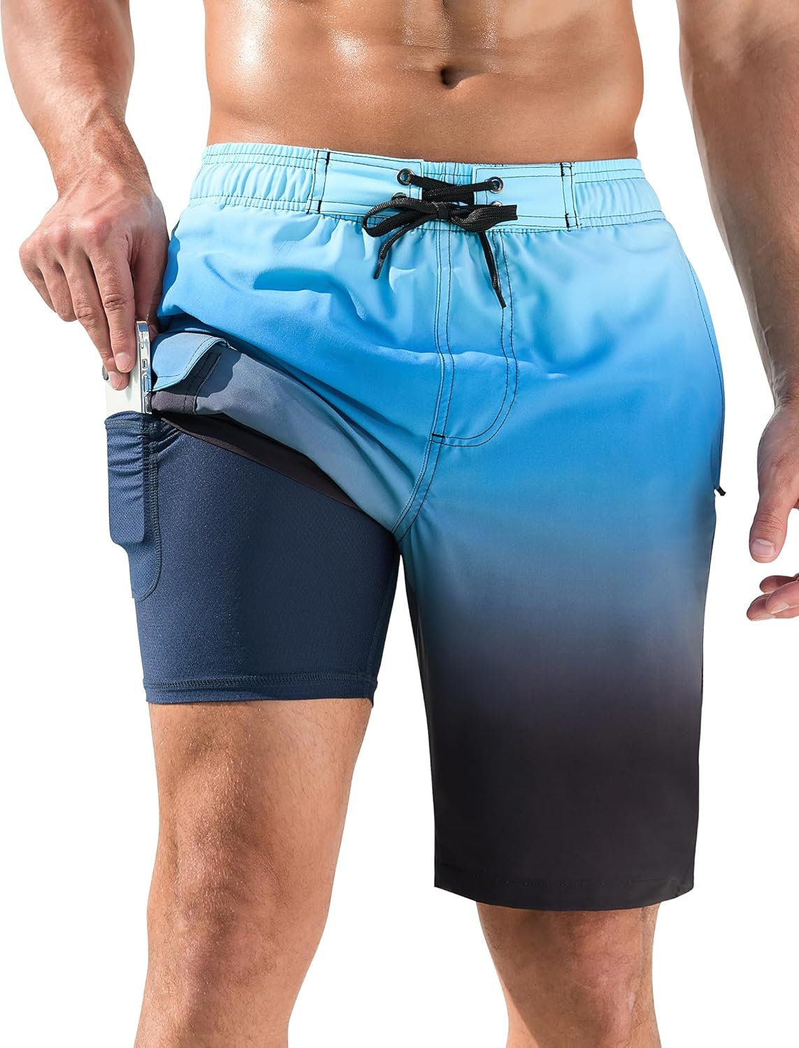 SILKWORLD Mens Swim Trunks with Compression Liner Quick-Dry 10" Stretch Beach Shorts