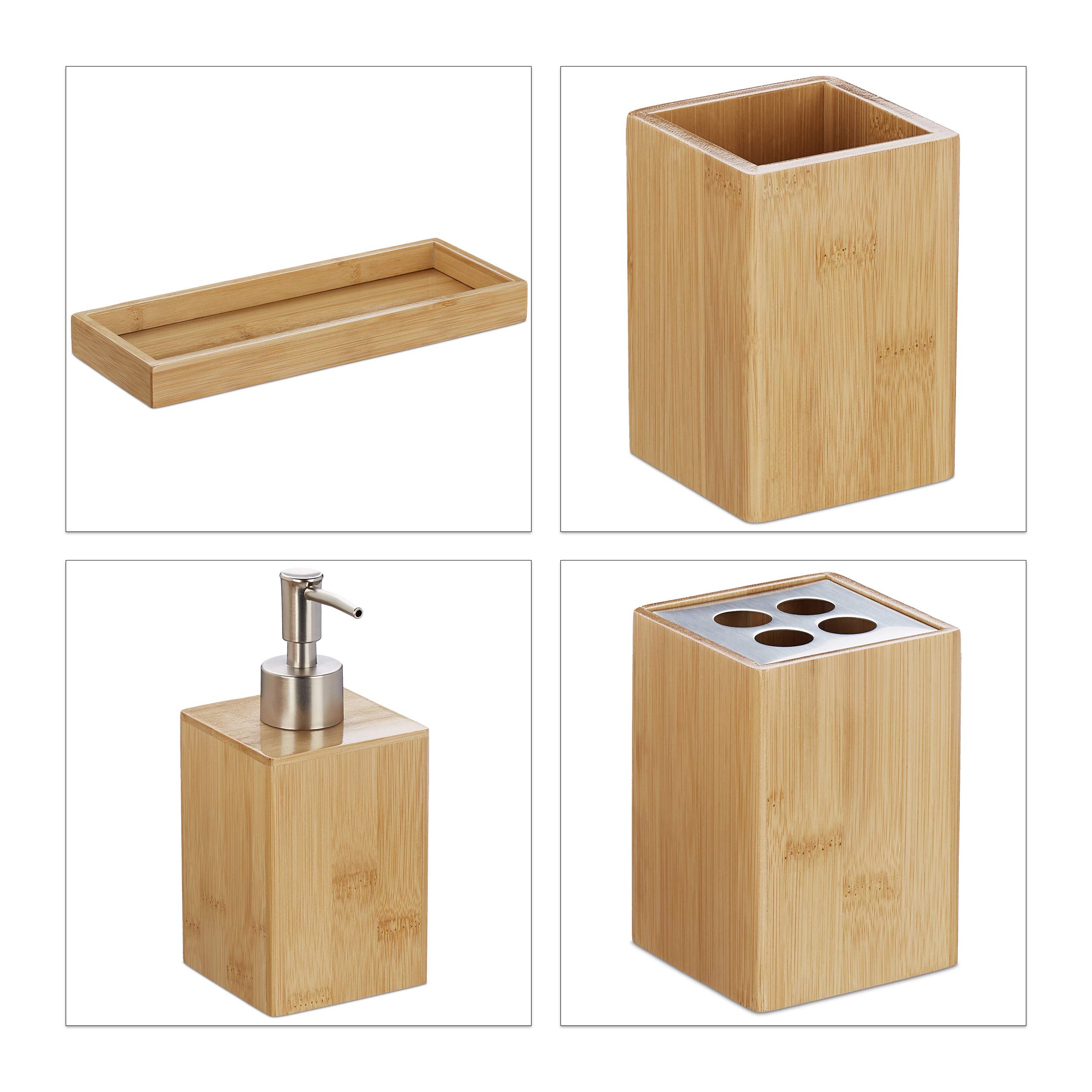 Relaxdays Set Bagno, Confezione 4 Accessori in bambù, Portaspazzolino, Porta Dentifricio, Portasapone & Vassoio,Naturale