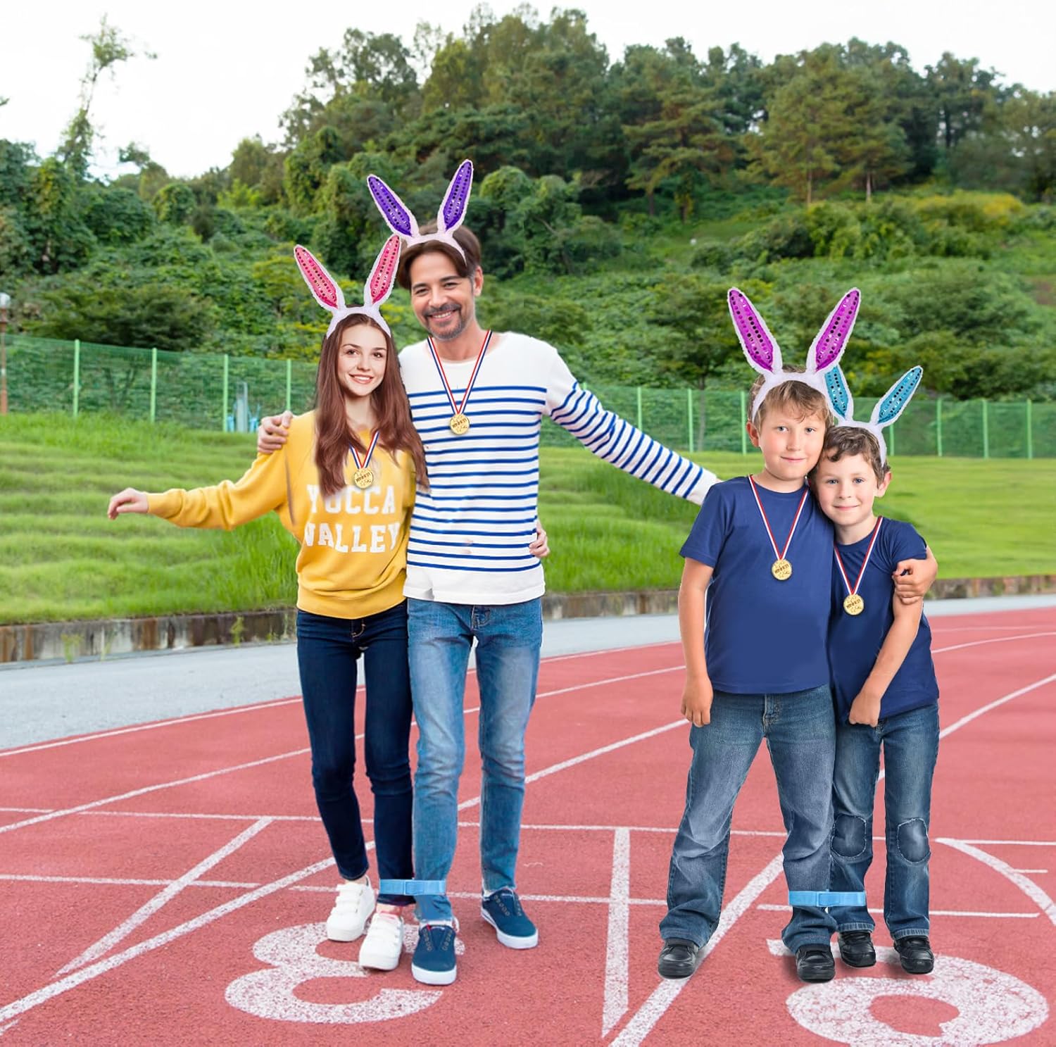Atonofun 29 Pack Easter Games for Kids Outdoor, Potato Jumping Bags, Bunny Ears Headbands, Egg Spoon Relay Races, Legged Relay Race Bands for Easter Eggs Hunt Party Supplies