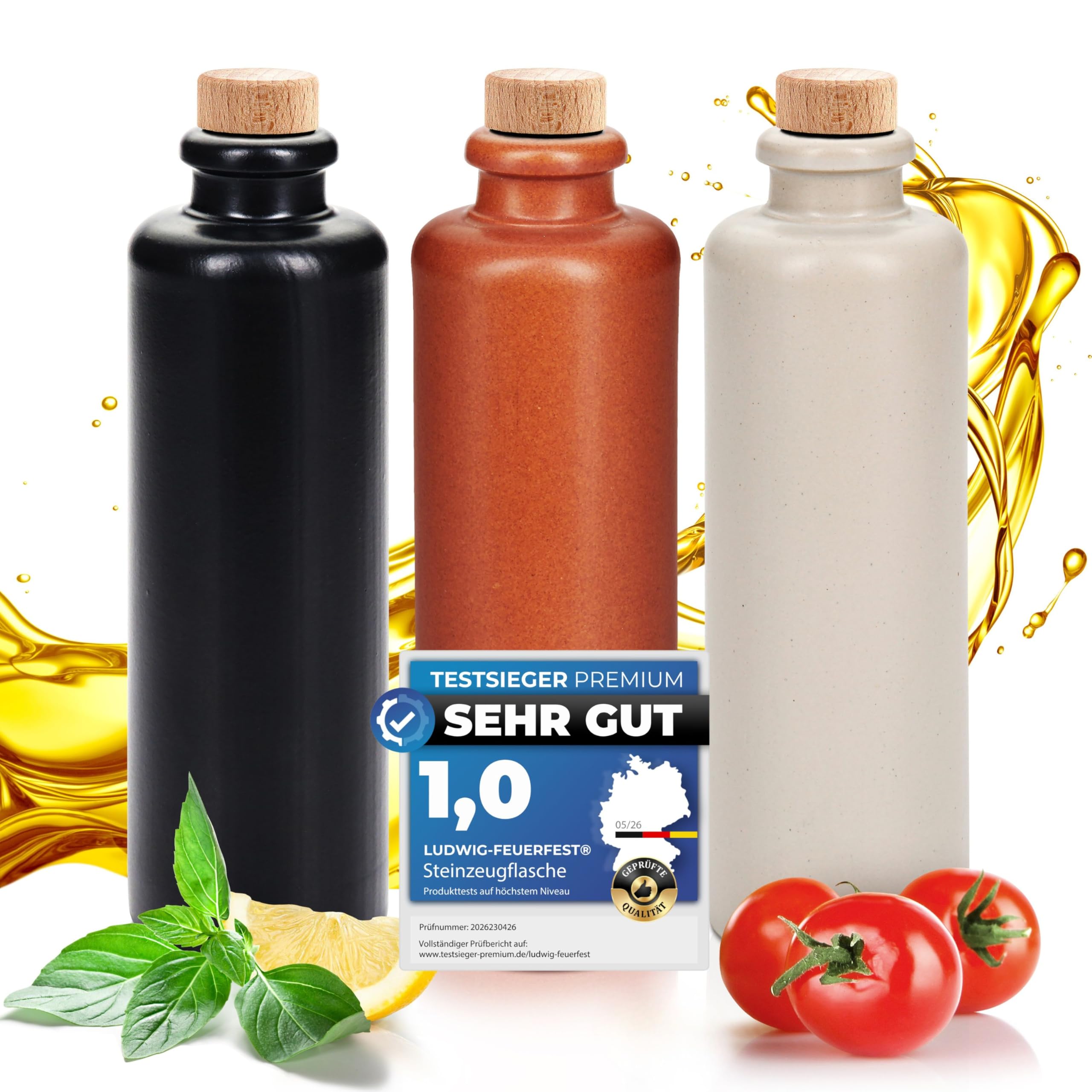 Essig & Öl Flasche mit Ausgießer für Feinschmecker, Handgefertigt und Einzigartig im Design Made in Germany, Authentisch chic und zeitlos 3x 200ml. (3x Mini 0,2l weiß, braun, schwarz- matt)