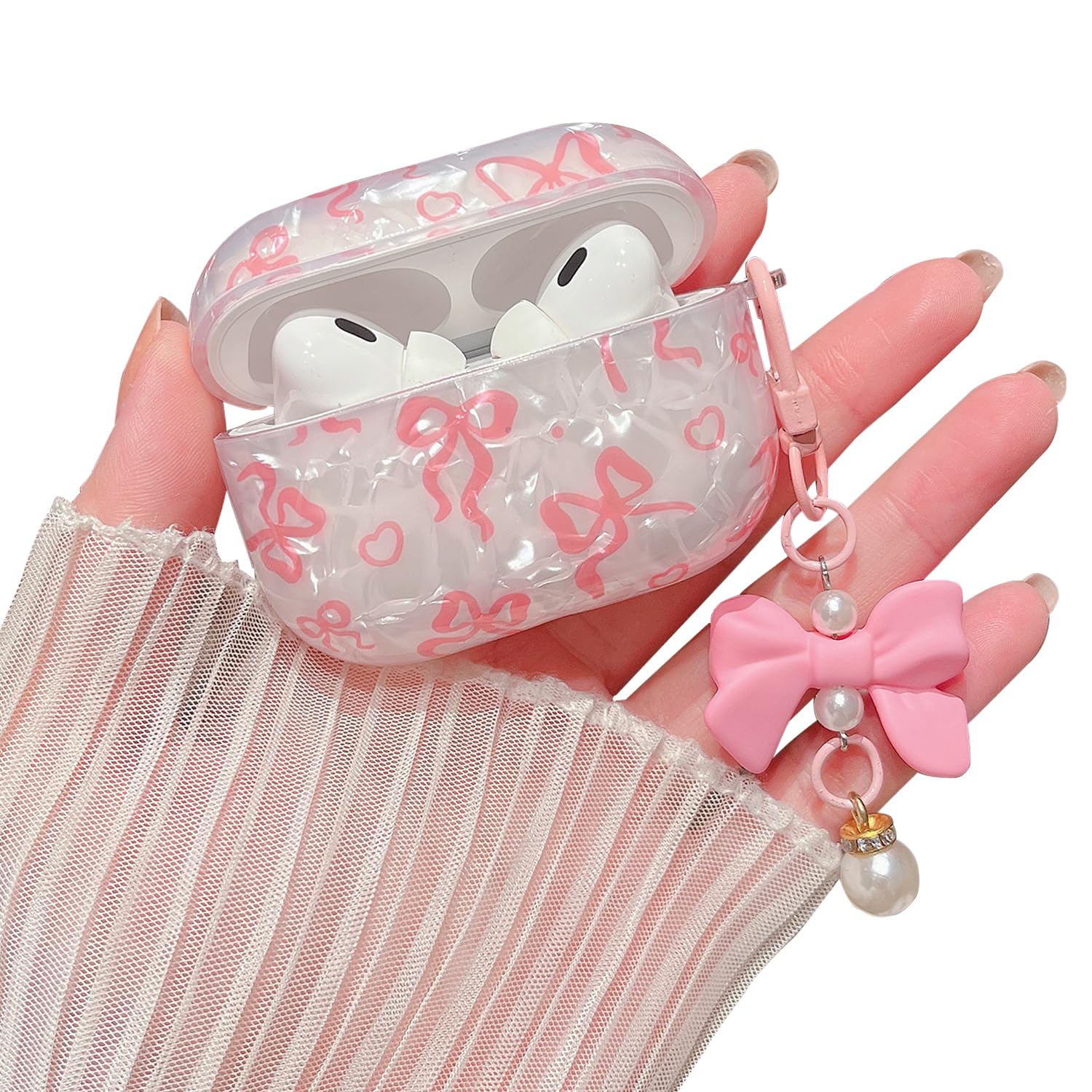 MINSCOSE for Cute Glitter AirPods Pro 2nd/1st Generation Case,Shell Pattern Bow Ribbon Trendy Design with Bowknot Pearl Keychain,Protective Shockproof Cover for Airpods Pro/Pro 2-Pink