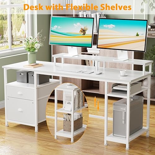 Miniatura 5 de Furologee Escritorio para computadora de 61 pulgadas con archivador de tela y mesitas de noche blancas, juego de 2 con estación de carga