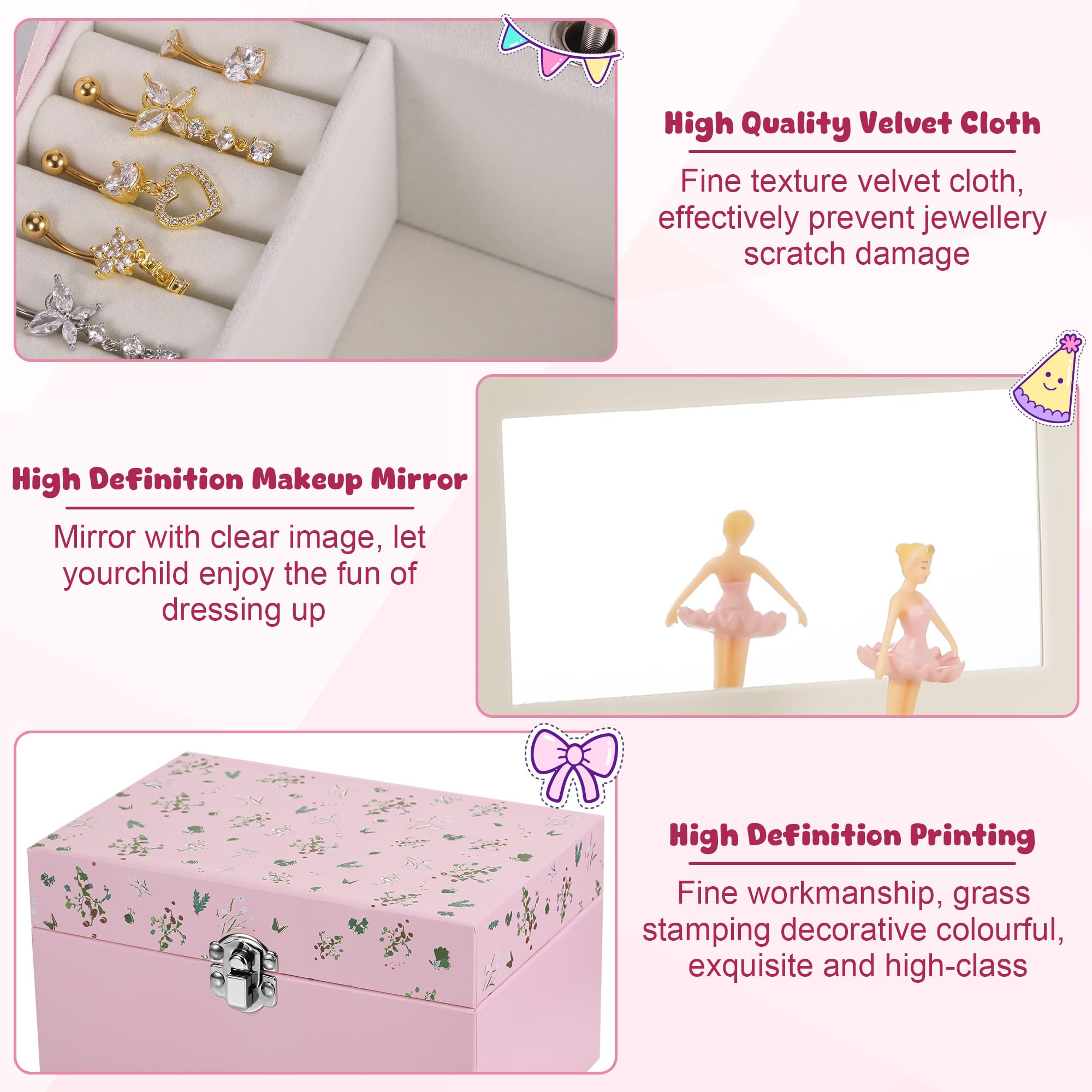 Joyero Musical Niña, Caja de Música con Bailarina Giratoria y Espejo, Joyero Musical Bailarina para Niñas 3-10 Años, Caja de Música Infantil Regalo, 18x12x10cm, Rosa