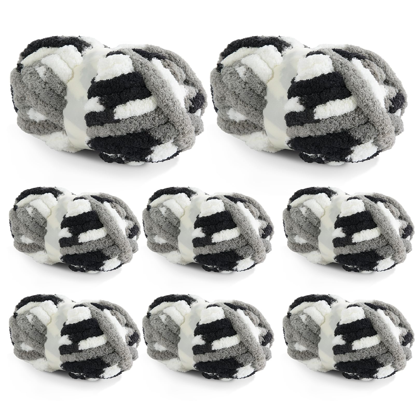 8 Pack Tie Dye Chunky Chenille Yarn for Crocheting & Knitting, 29yds 7.5 oz Each Skein Soft Fluffy Kitting Yarn Set, Multi Color Plush Yarn for Handcrafts Weaving Making Blankets, Black Grey