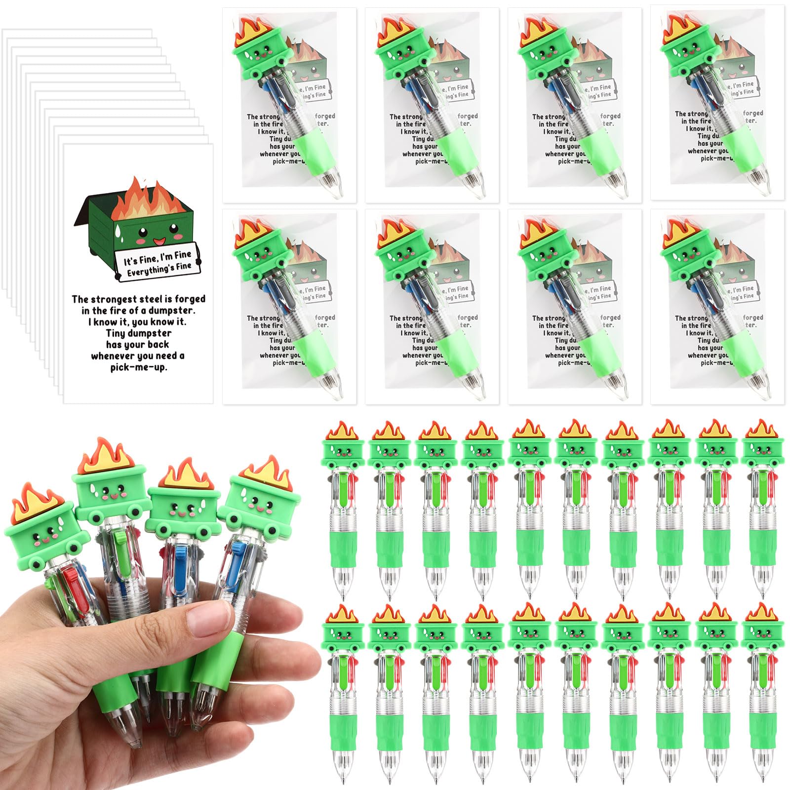 Sayglossy 50 Sets Valentine Dumpster Fire Pens Gifts Bulk, Funny Dumpster 4-in-1 Multicolor Ballpoint Pen Desk Accessories with Positive Cards for