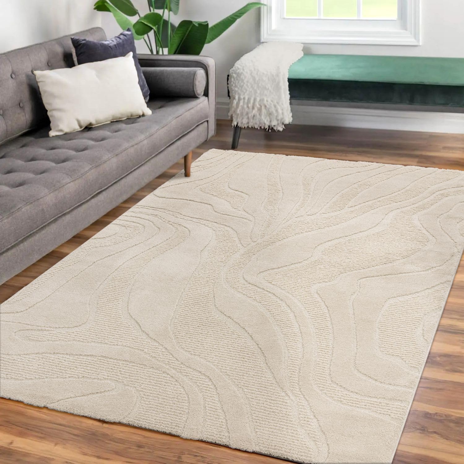 TT Home Alfombra Salón Comedor Pelo Corto Japandi Diseño Boho Escandinavo Panglao Abstracto Tacto Suave Efecto Alto-Bajo, Tamaño:80x250 cm