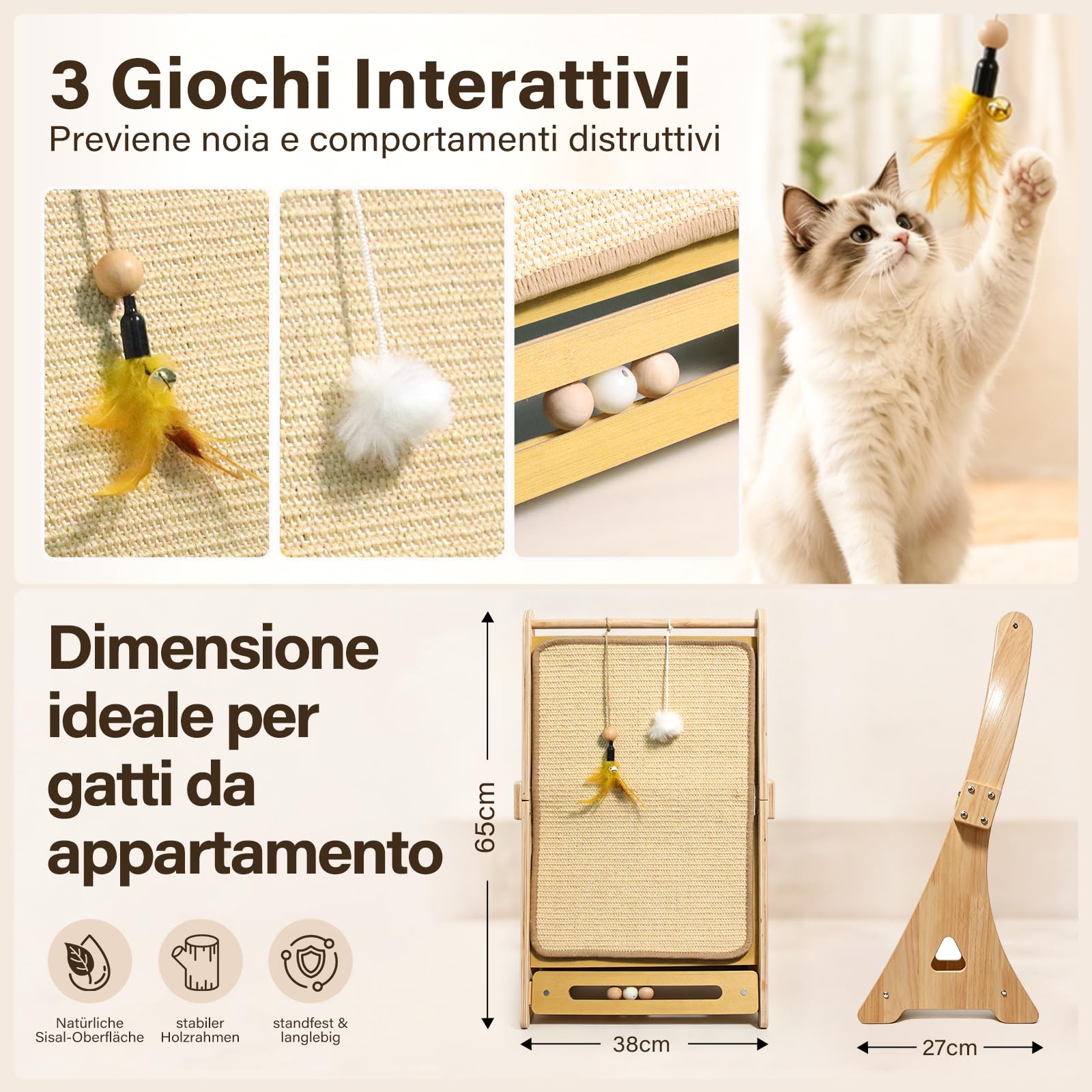 DONWEI Tiragraffi Sisal Curvo, Tigraffio per Gatti Adulti Anti Gatto Divano | Ergonomico 60°, Legno Massello Faggio, Tiragraffi Tappetino Sisal Naturale per Gatti, 3 Giochi Interattivi per Gatti, 65CM