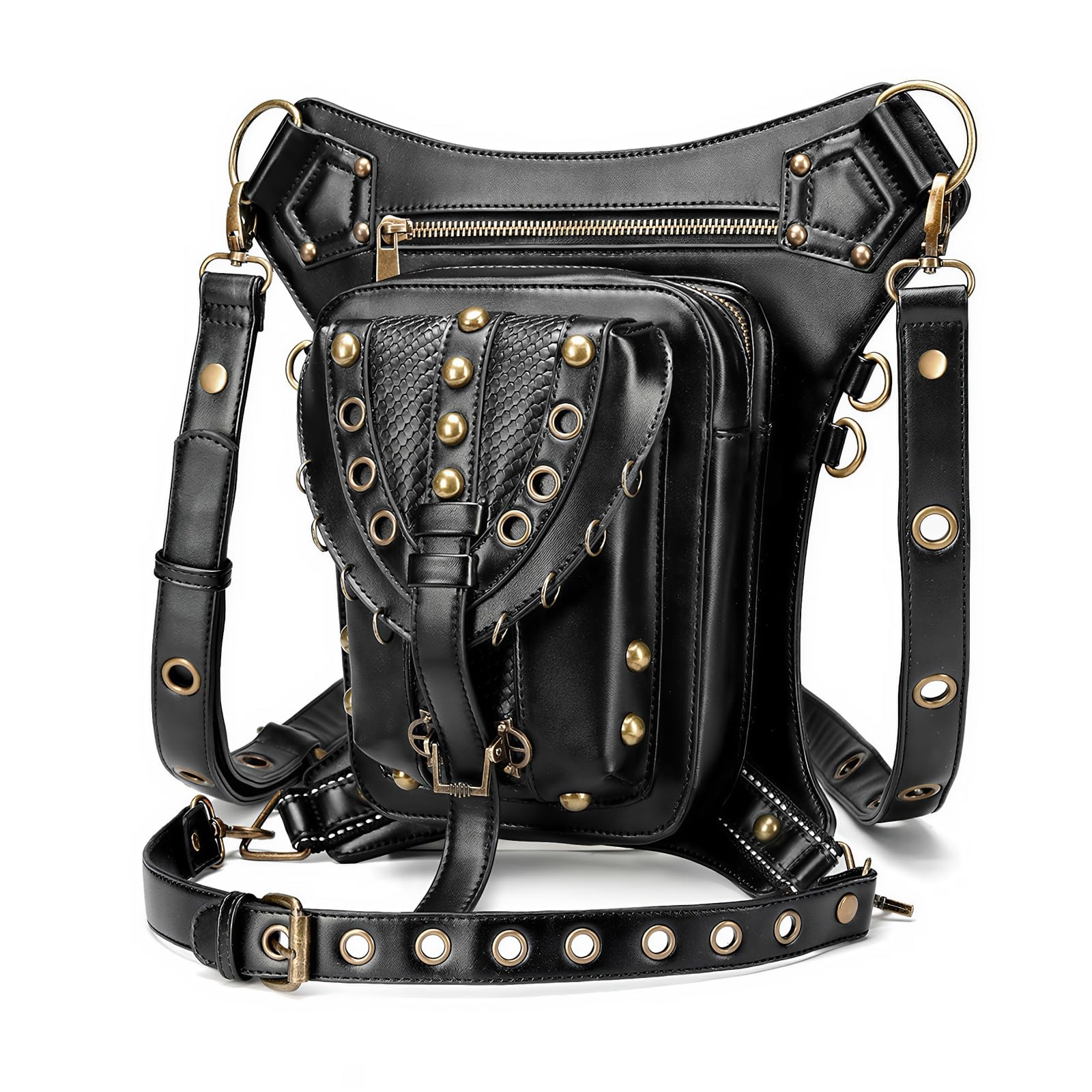 Maizoon Torba biodrowa w stylu retro z nitami pierścień opadająca noga plecak pas biodrowy torba na ramię crossbody dla mężczyzn i kobiet na zewnątrz motocykl, c, Plecak na co dzień
