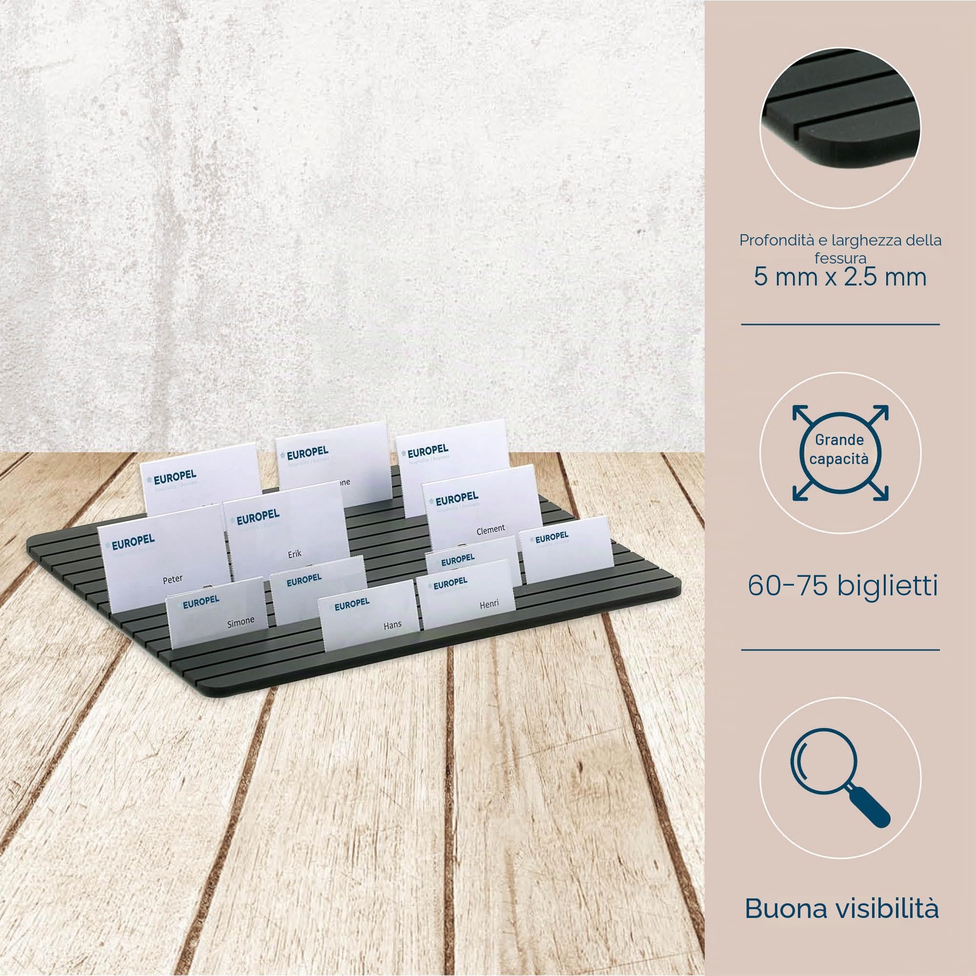 EUROPEL Vassoio Espositivo Badge 15 Slot – PVC Schiuma 8mm Nero, Per 60 Badge 95×60mm o 75 Badge 75×40mm, 290×390mm, Conferenza