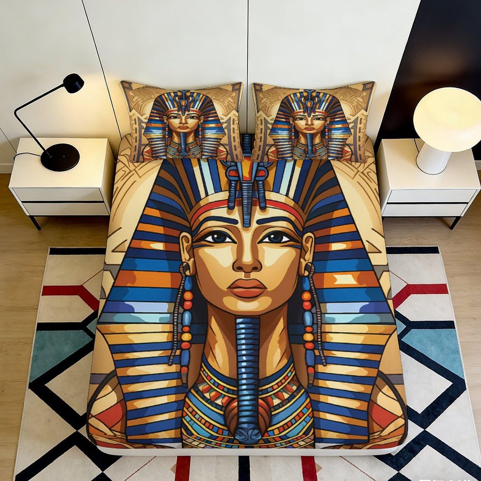 3D Printed Egyptian Pharaoh Fitted Sheet Microfiber Soft Durable Ancient Art Mattress Cover for Bedroom Dormitory Guest Room Protection 180x200x25cm