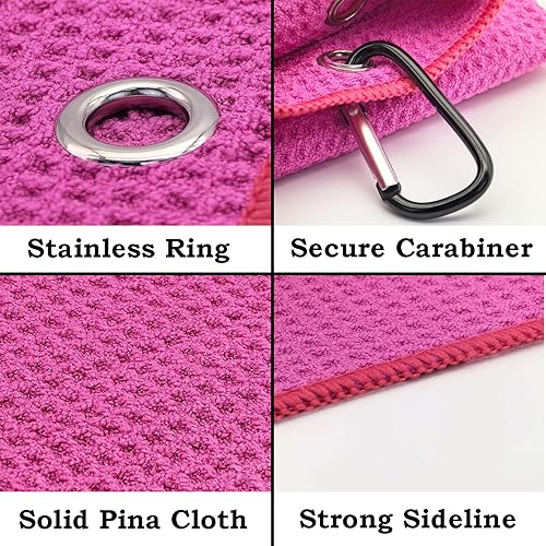 Miniatura 2 de Juego de 2 toallas de microfibra de tres pliegues con clip de mosquetón, toallas de golf con patrón de gofre para bolsas, toallas deportivas al aire