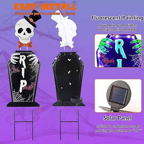 Miniatura 3 de Joliyoou Estaca de Halloween para patio, 26.4 pulgadas con luz solar de metal con fantasmas que brillan en la oscuridad, 18 luces LED moradas,