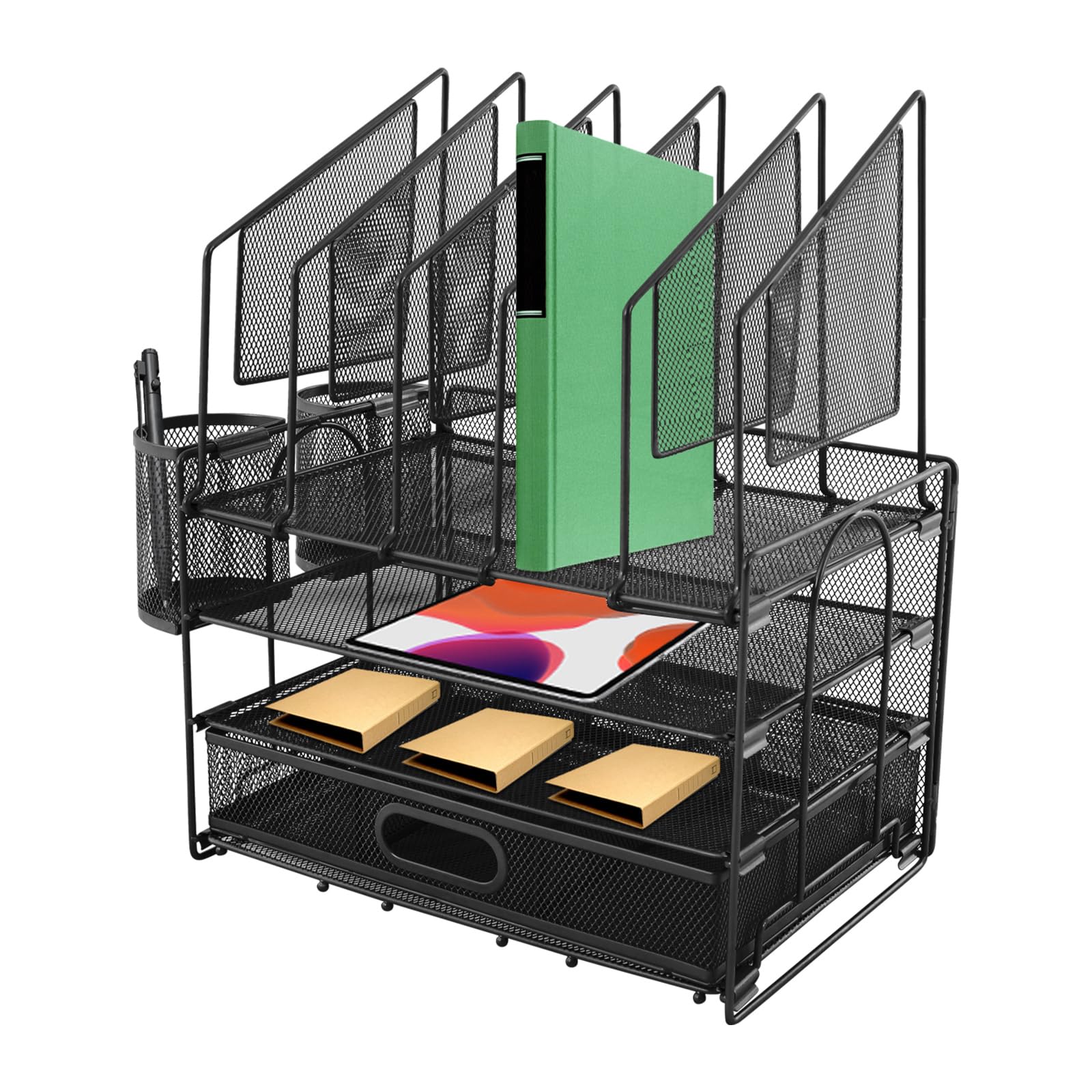 Organizer da scrivania con cassetti, in metallo, con 2 portapenne, in rete rimovibile, con 5 scomparti verticali, per scuola, casa, ufficio, ufficio, 32,6 x 22,8 x 41 cm (nero)