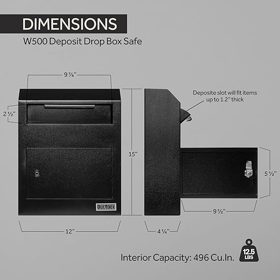 Durabox Drop Box Deposit Safe 12 x 4 x 15 Heavy Duty Steel Wall Mount Mailbox for Mail, Letters, Checks, Keys, Cash and more for Home, Office & Commercial Use (W500) (Black)