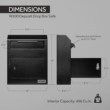 Durabox Drop Box Deposit Safe 12 x 4 x 15 Heavy Duty Steel Wall Mount Mailbox for Mail, Letters, Checks, Keys, Cash and more for Home, Office & Commercial Use (W500) (Black)