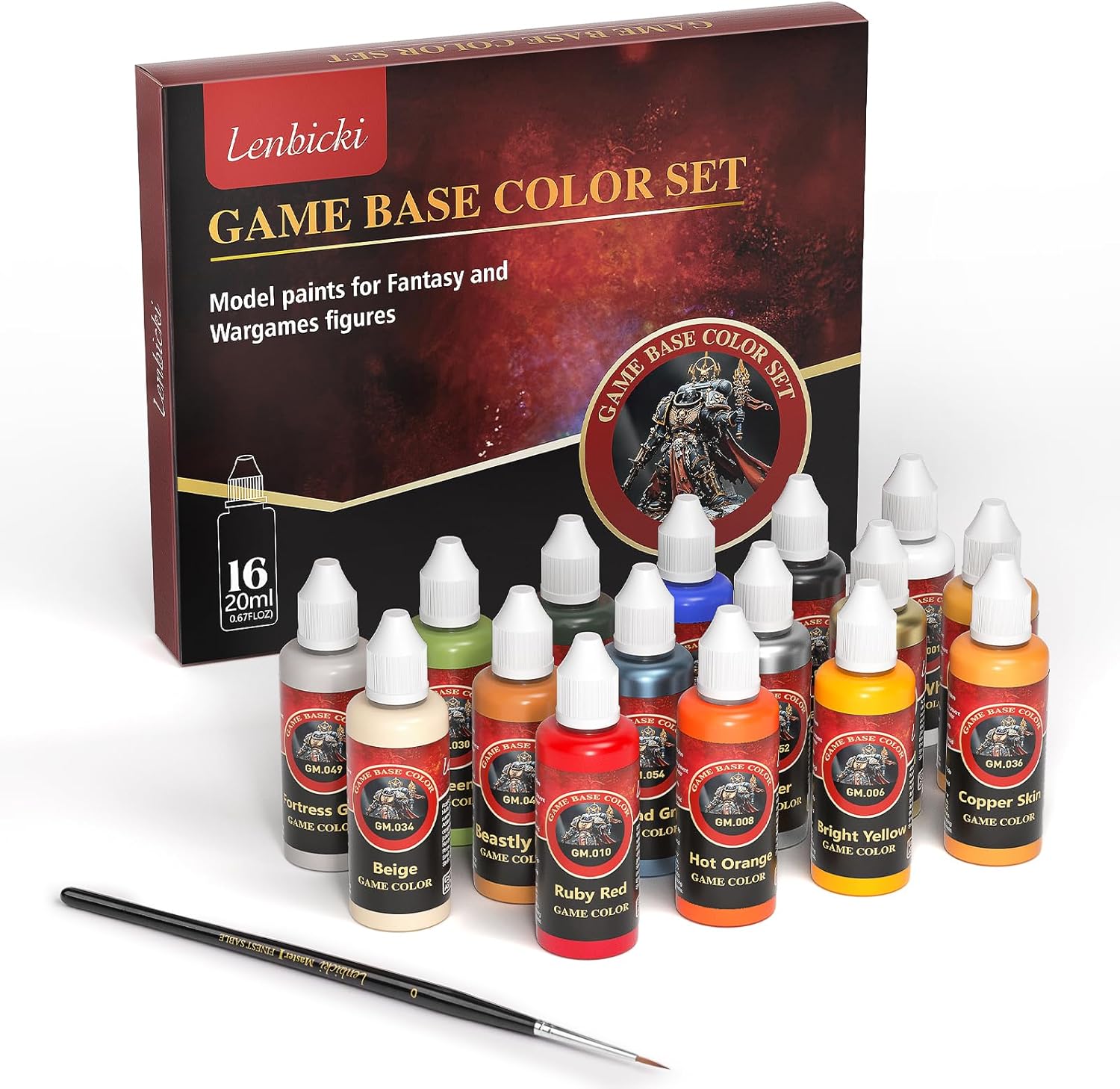 Professional Miniature Paint Set 16 Highly Pigmented Acrylic Colors Models Paints Kit with 1 Kolinsky Brush for Fantasy Wargames Figures (20ml 0.67 Fl Oz)