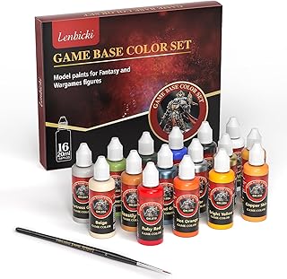 lenbicki Professional Miniature Paint Set 16 Highly Pigmented Acrylic Colors Models Paints Kit with 1 Kolinsky Brush for Fantasy Wargames Figures (20ml 0.67 Fl Oz)